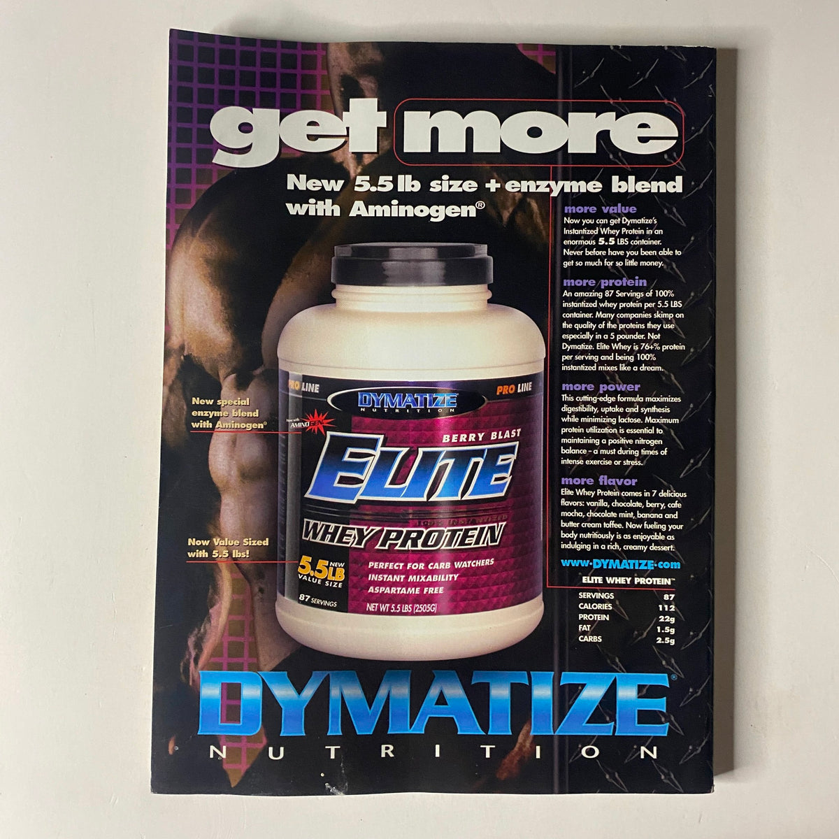 Advertisement for Dymatize Nutrition's Elite Whey Protein featured in MuscleMag International Magazine October 2003 No. 256, focusing on fitness supplementation.