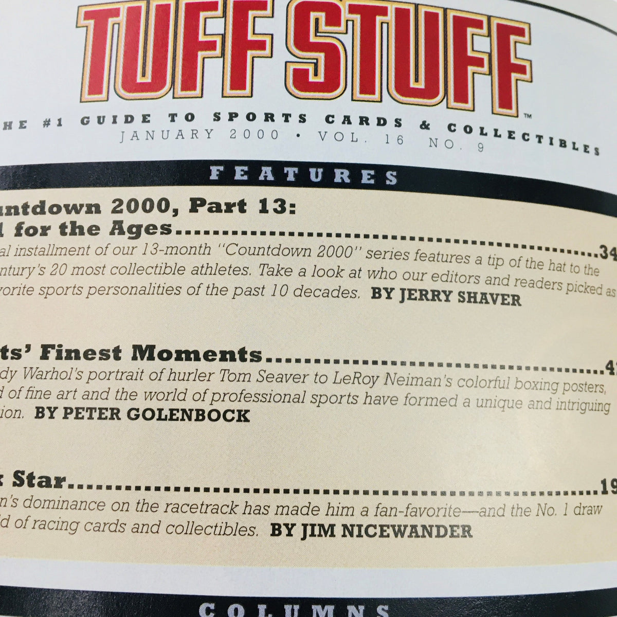 Feature page in Tuff Stuff Magazine January 2000 highlighting significant sports figures and collectibles.