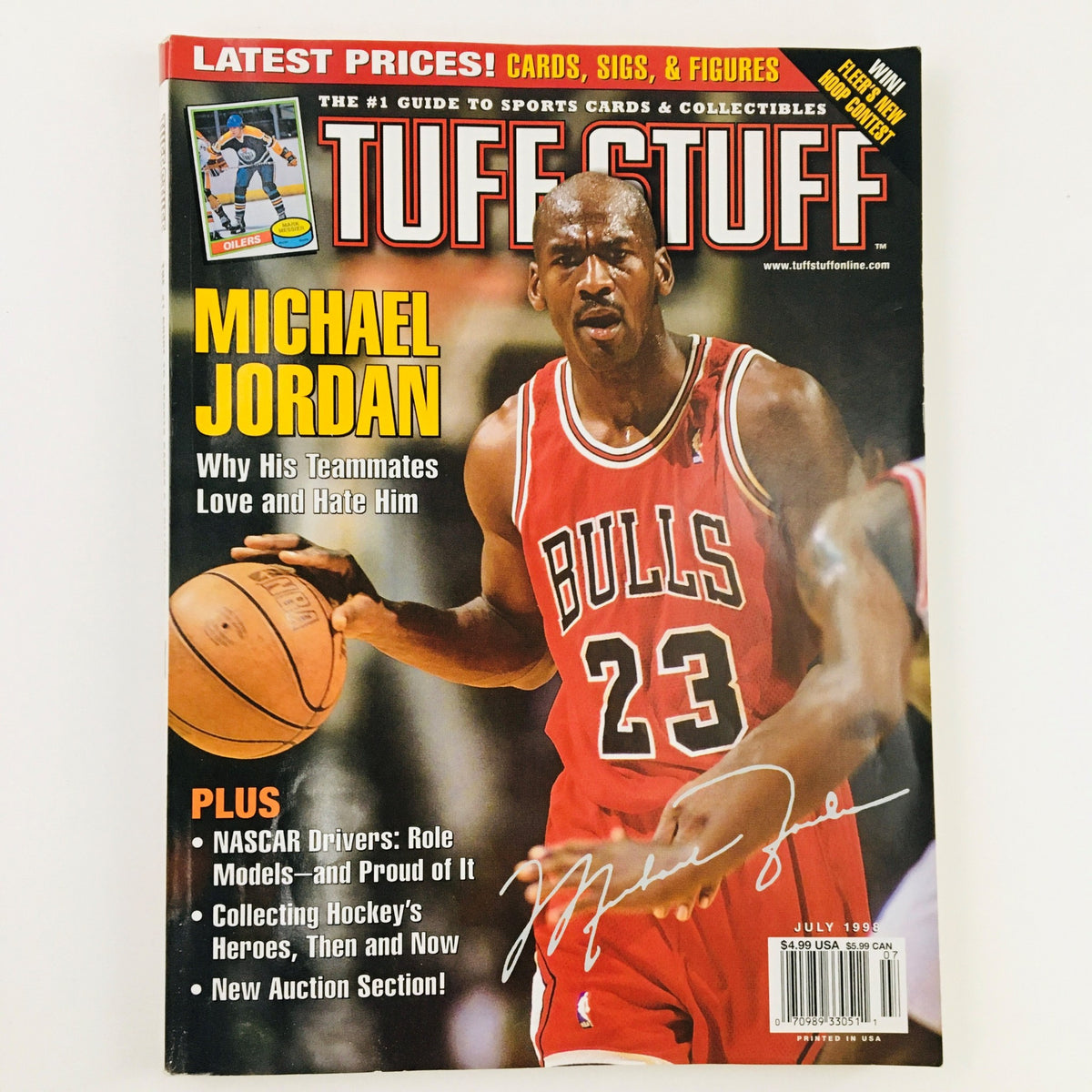Tuff Stuff Magazine July 1998 cover featuring Michael Jordan with the headline 'Why His Teammates Love and Hate Him' alongside basketball graphics.