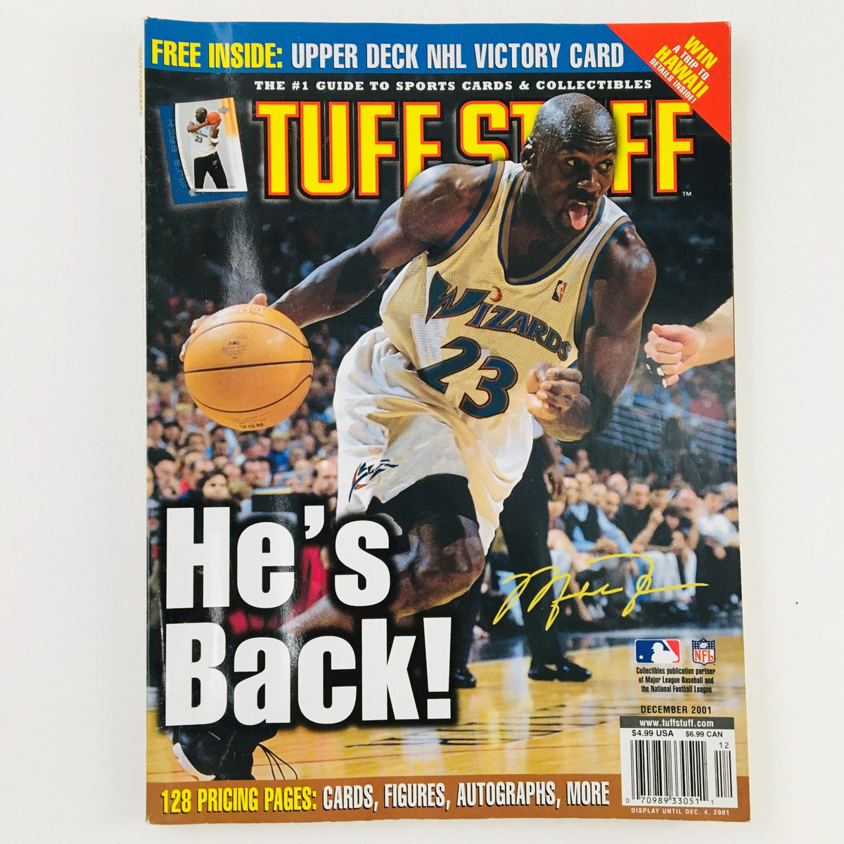 Tuff Stuff Magazine December 2001 featuring Michael Jordan in Washington Wizards jersey. The cover highlights 'He's Back!' with vibrant colors and includes sports cards and collectibles information.