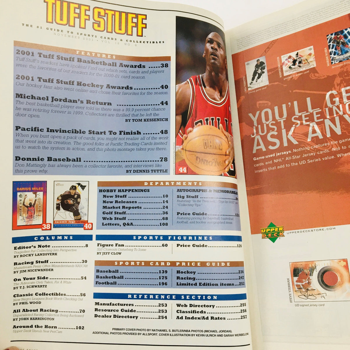 Tuff Stuff Magazine December 2001 featuring Michael Jordan in Washington Wizards uniform, showcasing contents on sports cards and collectibles.