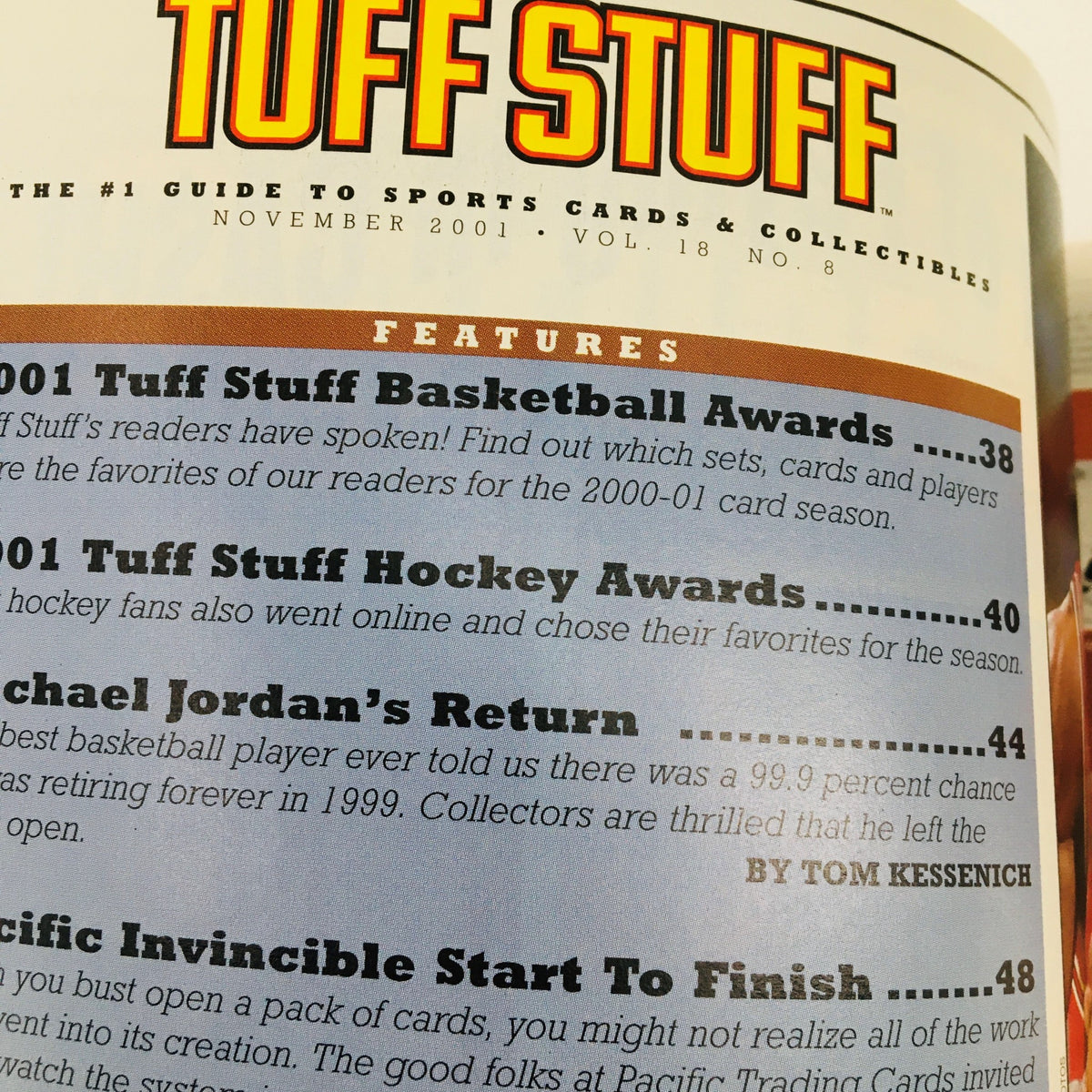 Tuff Stuff Magazine December 2001 cover details including articles on basketball and hockey awards, highlighting Michael Jordan's return.