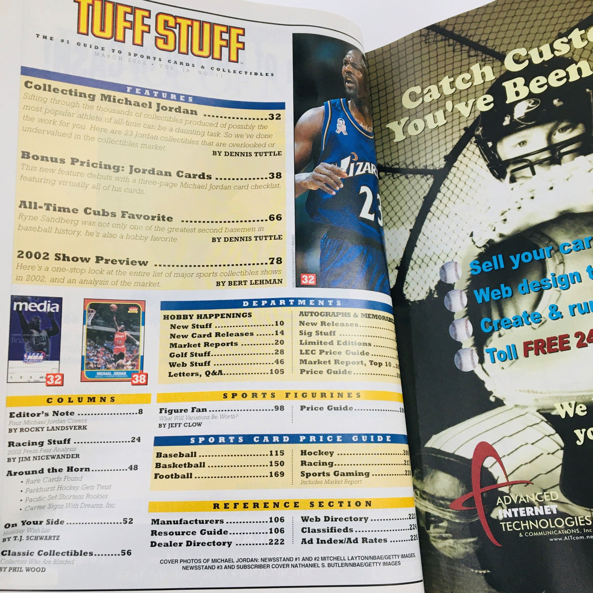 Interior page of Tuff Stuff Magazine March 2002 showcasing collectible Michael Jordan items and sports card pricing guide.
