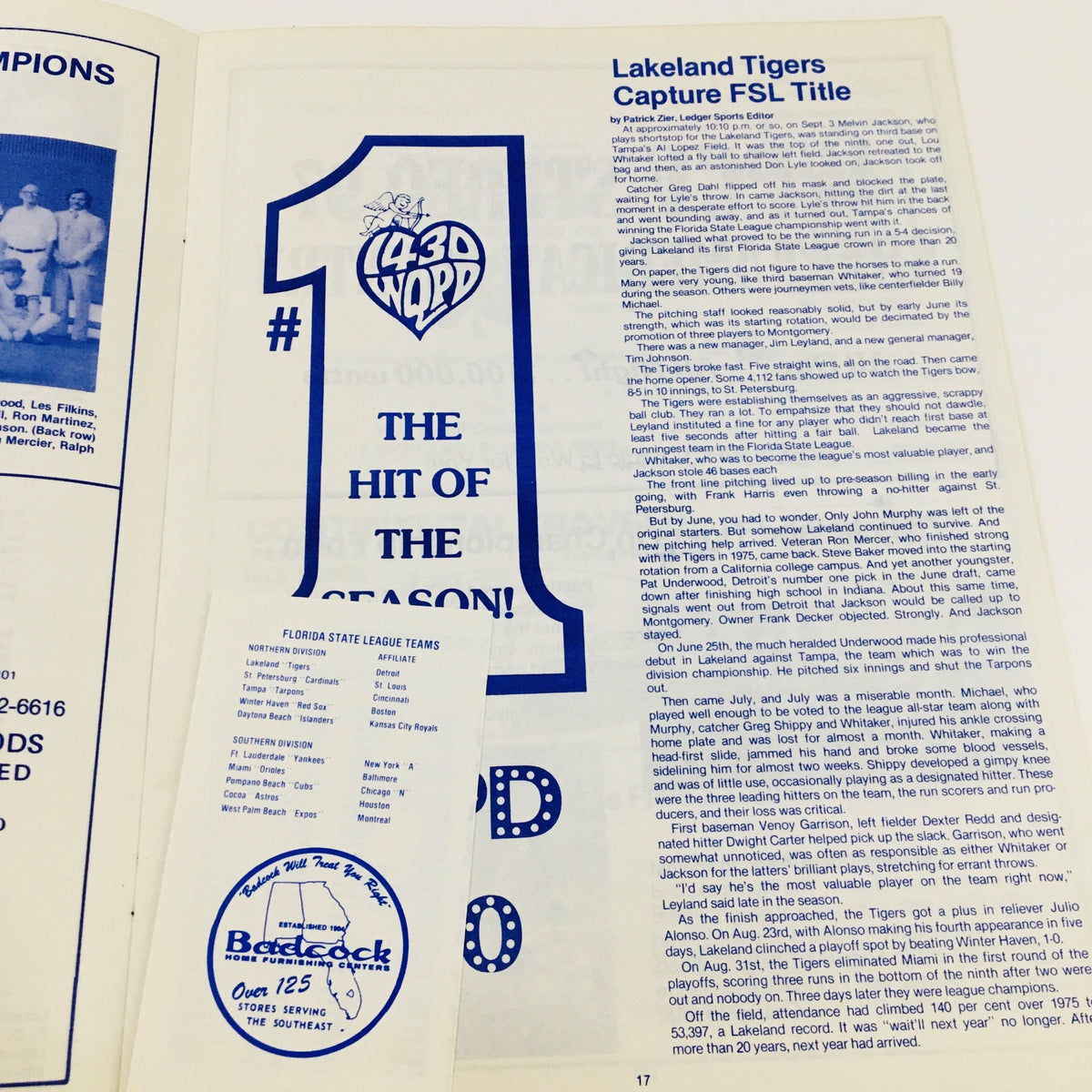 Article page from the 1977 MLB Baseball Lakeland Flying Souvenir Program celebrating the Lakeland Tigers' FSL Title with the headline '#1 THE HIT OF THE SEASON'.