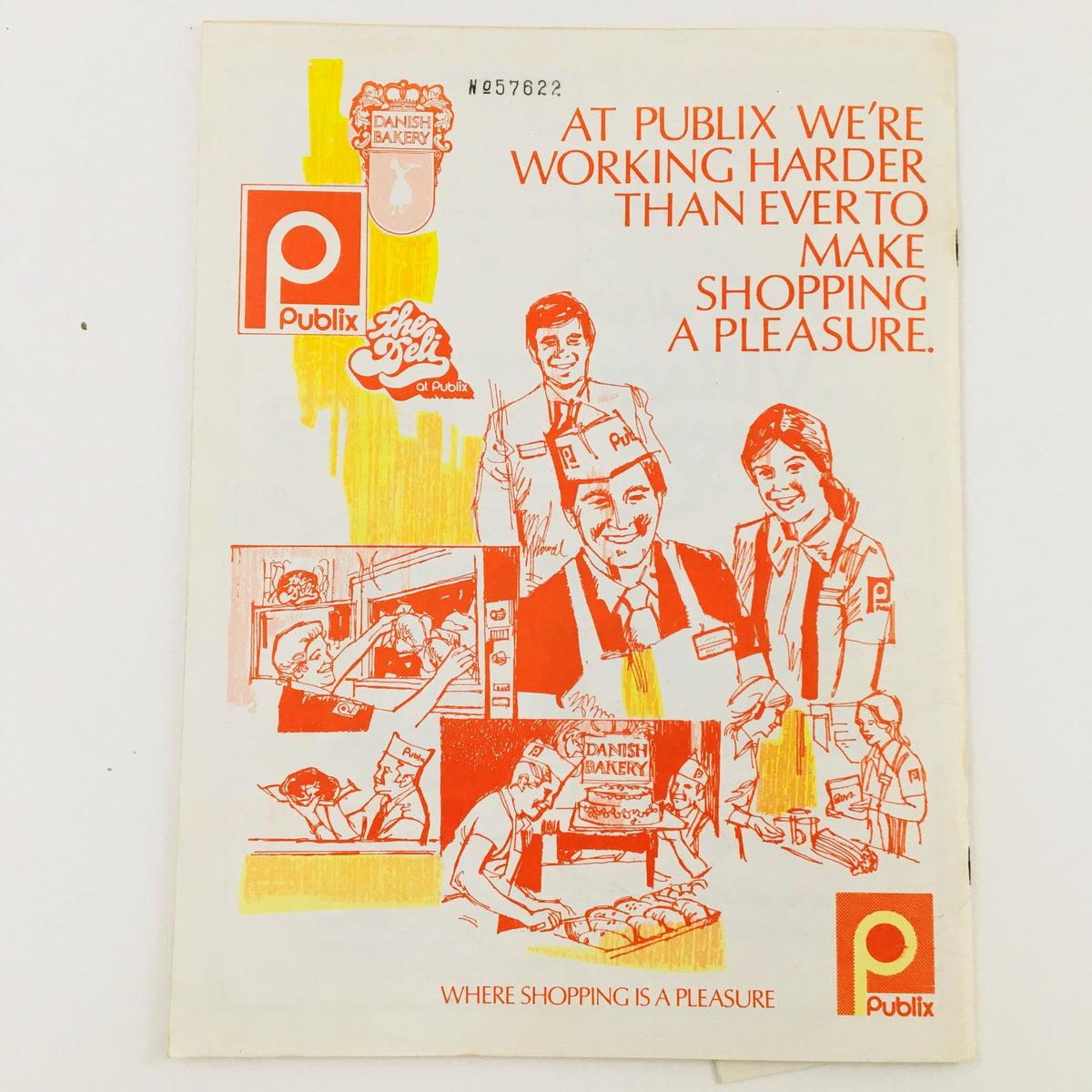 1977 MLB Baseball Lakeland Flying Souvenir Program cover with bright orange and yellow graphics showcasing the Publix brand and bakery, emphasizing the slogan: 'WHERE SHOPPING IS A PLEASURE'.