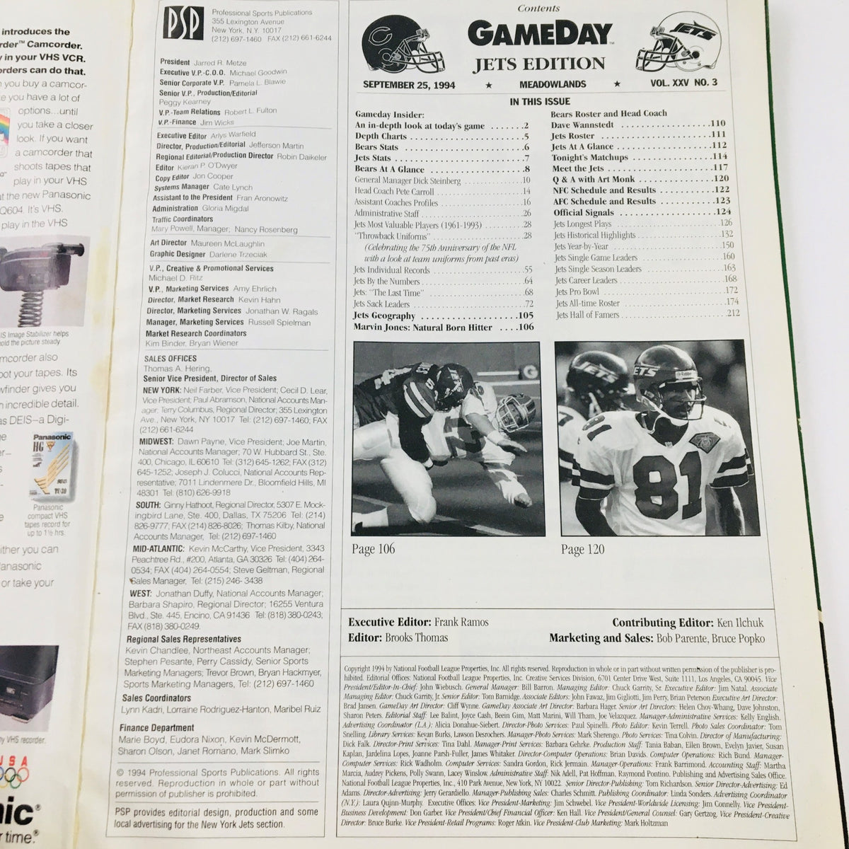 Inside page of Gameday Magazine September 25, 1994 featuring Jets vs Bears at The Meadowlands, showcasing contents and contributors.
