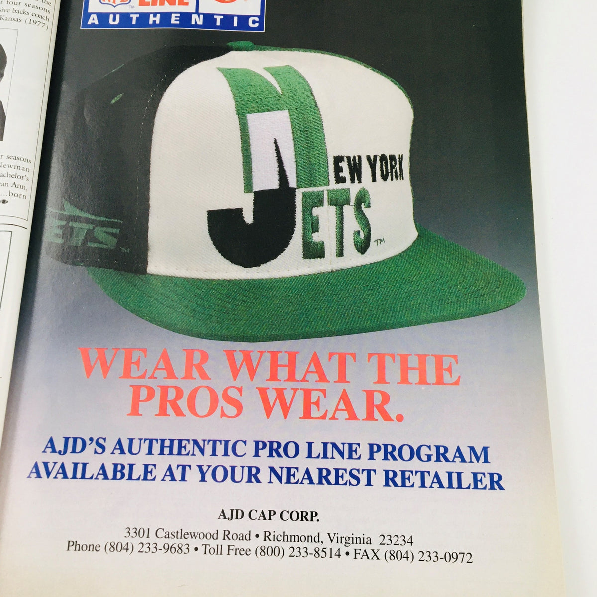 Advertisement for New York Jets cap in Gameday Magazine September 25, 1994, promoting AJD's authentic pro line program.