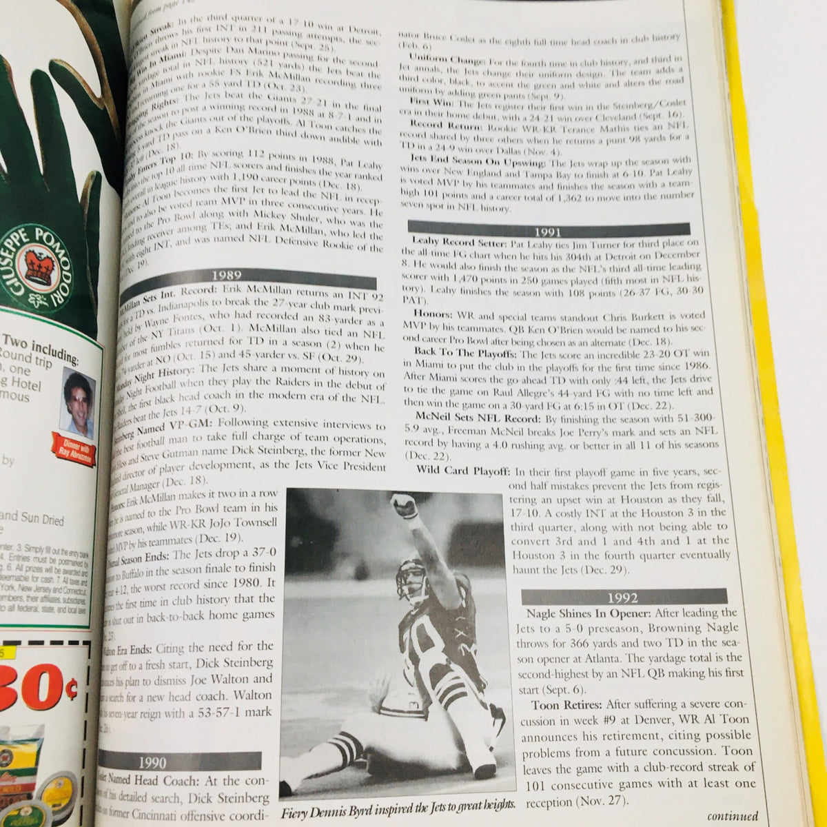 Inside page of Gameday Magazine September 25 1994, showcasing statistics and highlights from the Jets vs Bears game at Meadowlands.