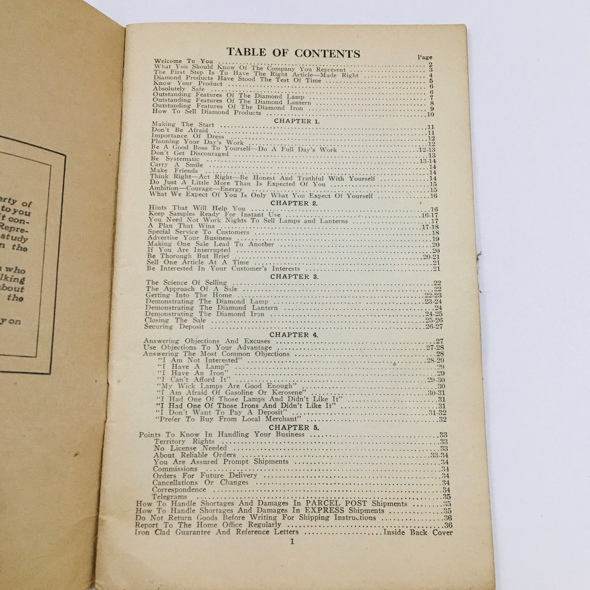 Table of contents page from the magazine 'How To Successfully Sell Diamond Quality Products: Practical Salesmanship', outlining chapters and sections.