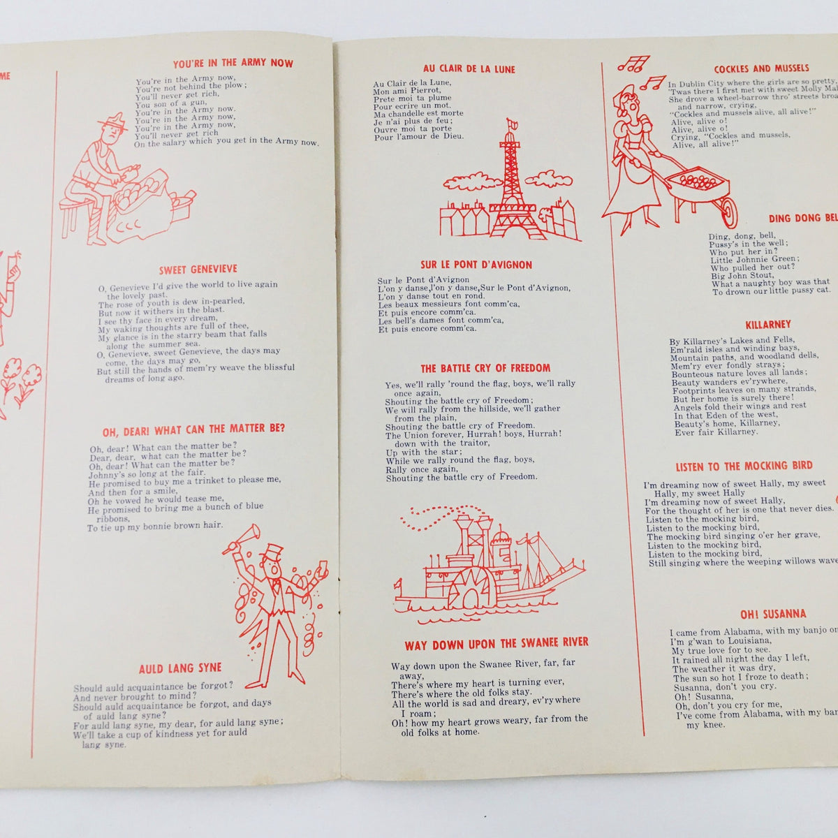 Interior page of the 1964 Sing of the U.S.A. with Chevrolet Song Book showcasing a collection of classic song lyrics with themed artwork.