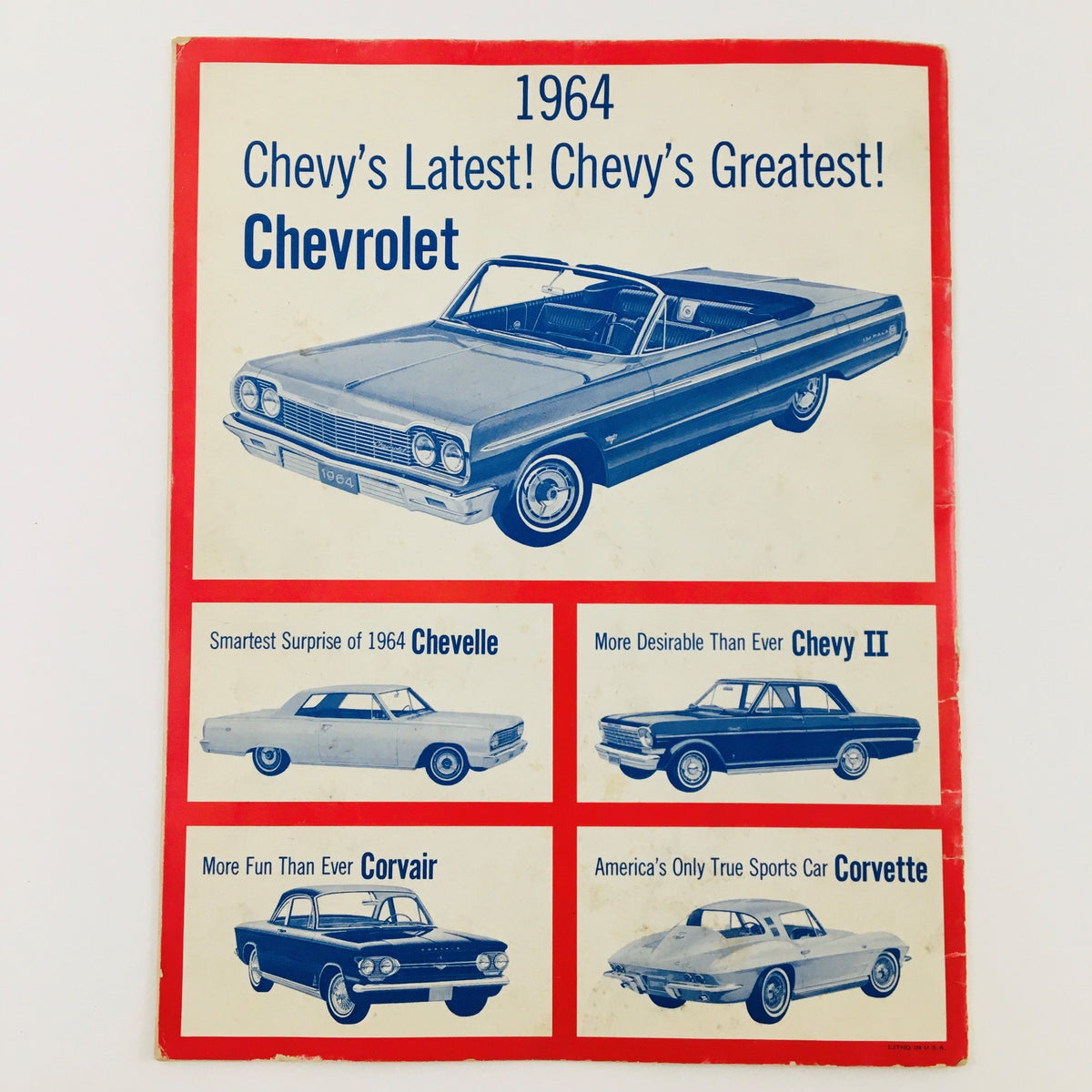 Cover of the 1964 Sing of the U.S.A. with Chevrolet Song Book showcasing classic Chevrolet cars including Chevelle, Chevy II, Corvair, and Corvette in a nostalgic design.