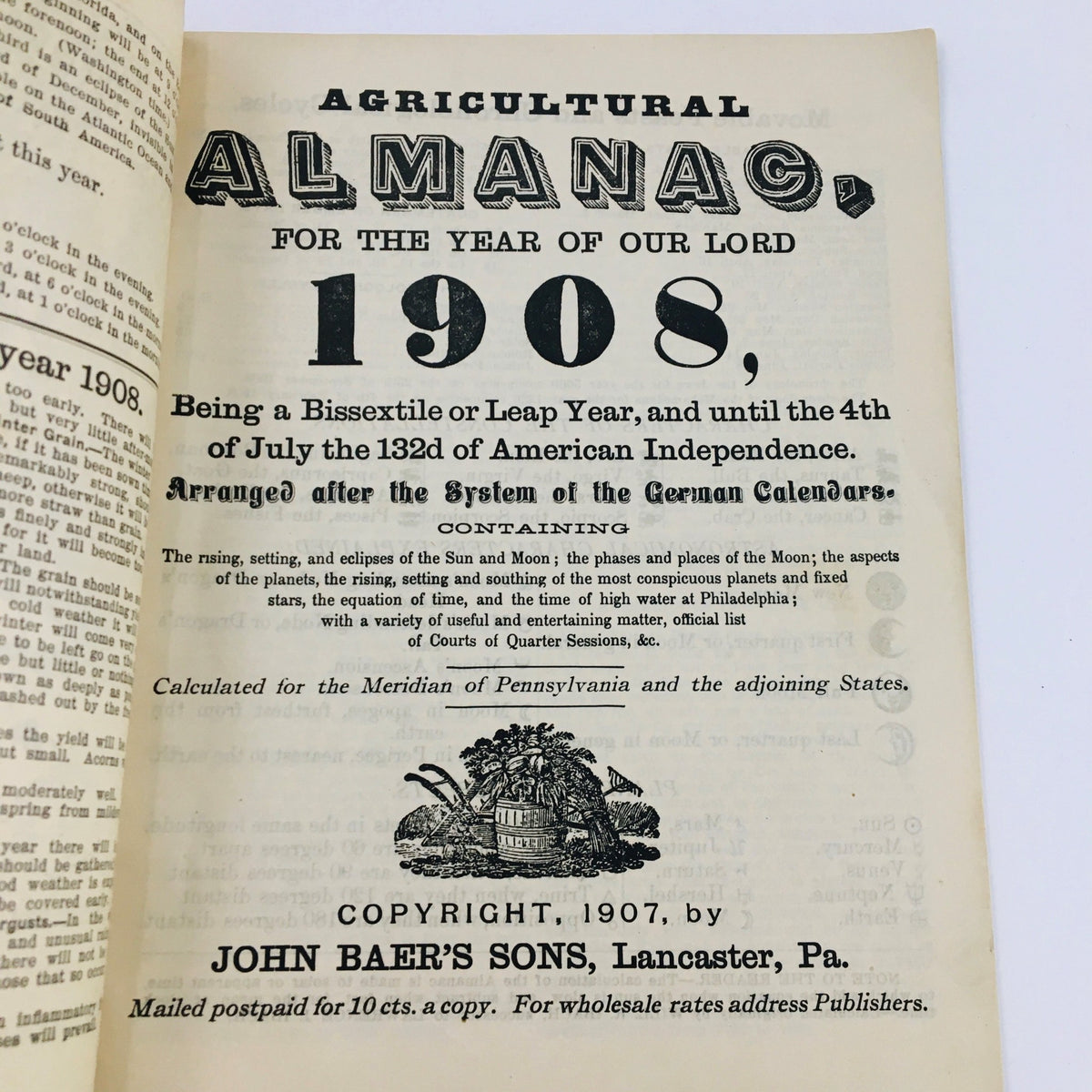 Title page of the Agricultural Almanac for the Year of Our Lord 1908, detailing the publication information and purpose.