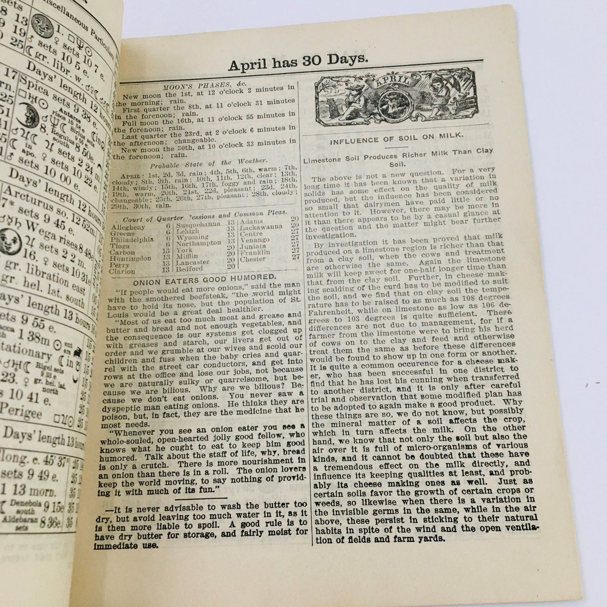 Interior page of the Agricultural Almanac for the Year of Our Lord 1908, featuring calendar information and agricultural advice for April.