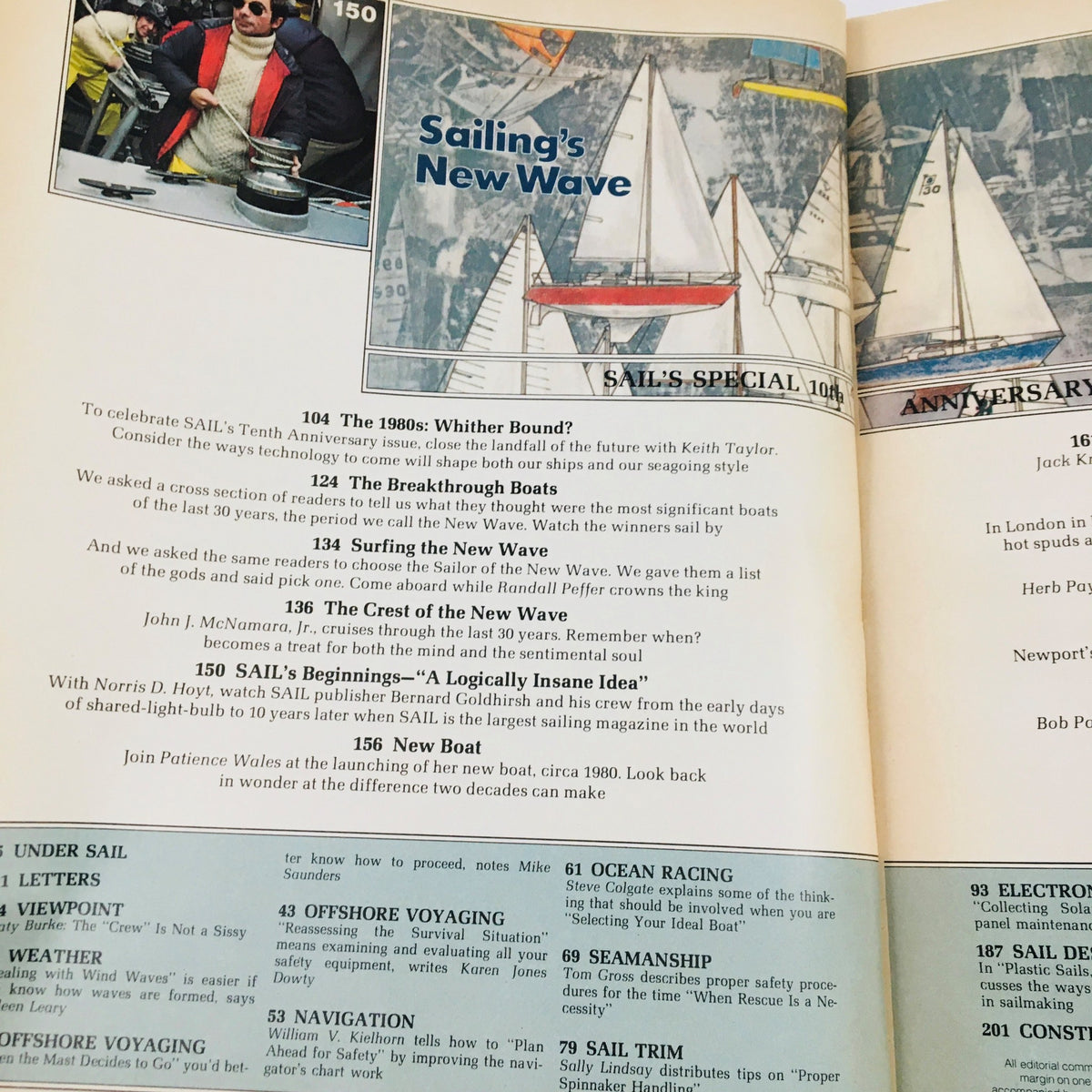 Interior pages of Sail Magazine January 1980: The Breakthrough Boats & Surfing the New Wave, highlighting features like sailing advancements and surfing culture during that era.