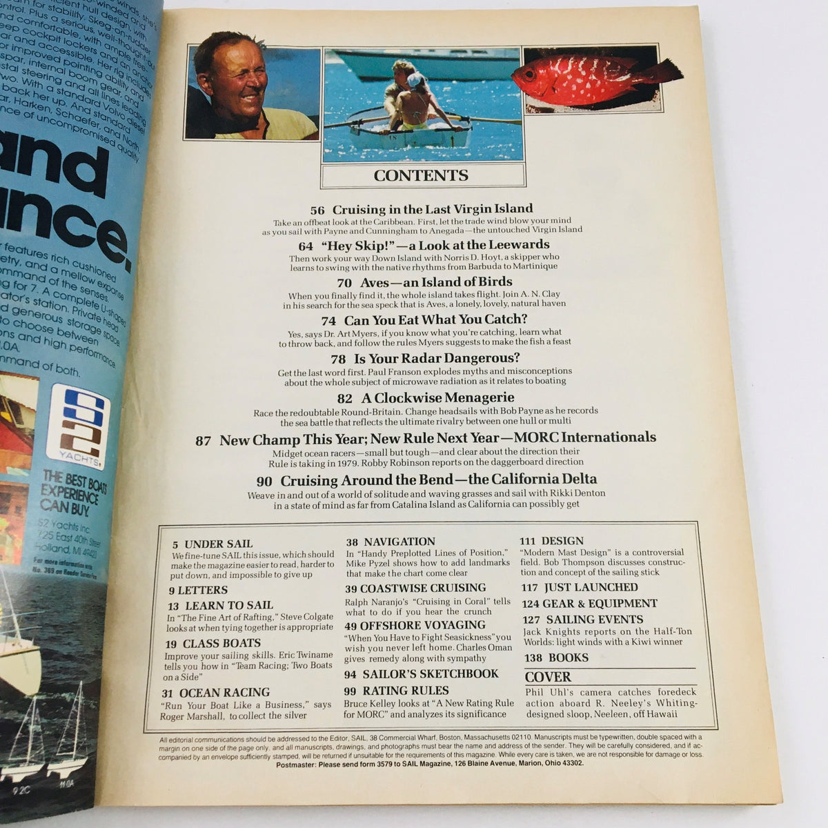 Contents page of Sail Magazine November 1978, detailing articles on sailing, including ‘Cruising Around the Bend - The California Delta’ and more.