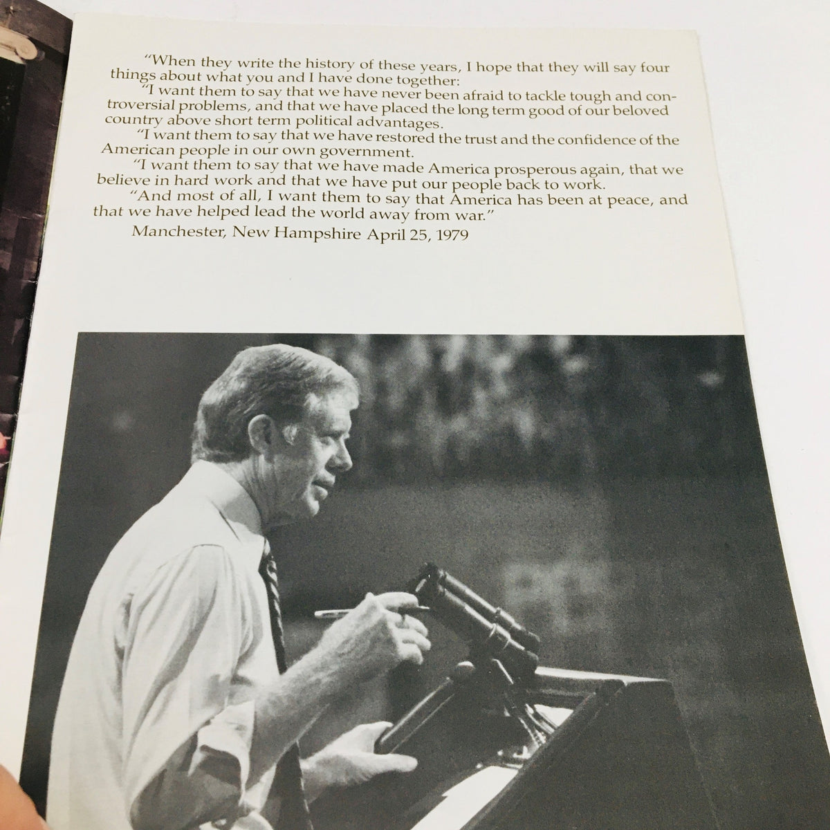 A photograph of Jimmy Carter delivering a speech in 'A New Foundation For America: Jimmy Carter The 39th President of the United States', emphasizing unity and the importance of government in improving American lives.