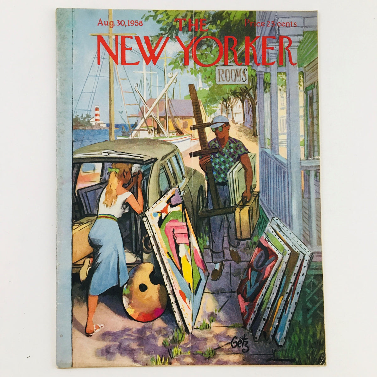 The New Yorker Magazine August 30 1958 Full Theme Cover by Arthur Getz. Features vibrant illustration of artists loading artwork into a vintage car, evoking mid-century Americana.