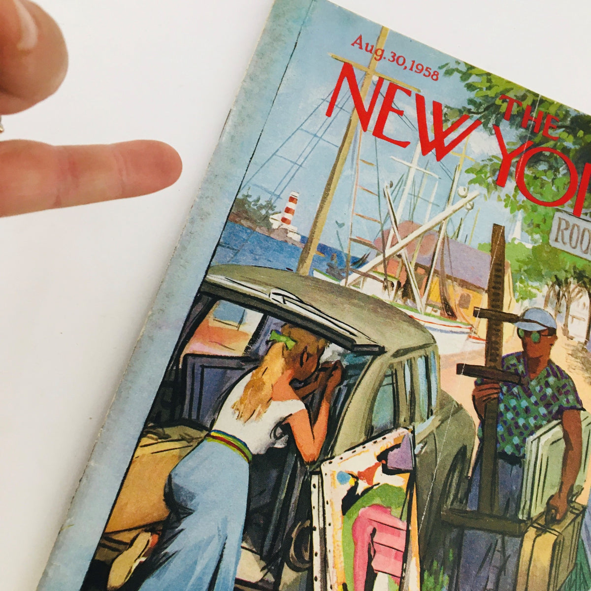 Close-up of The New Yorker Magazine August 30 1958 Full Theme Cover by Arthur Getz. Shows a woman with blonde hair looking into a car while a man holds art supplies.