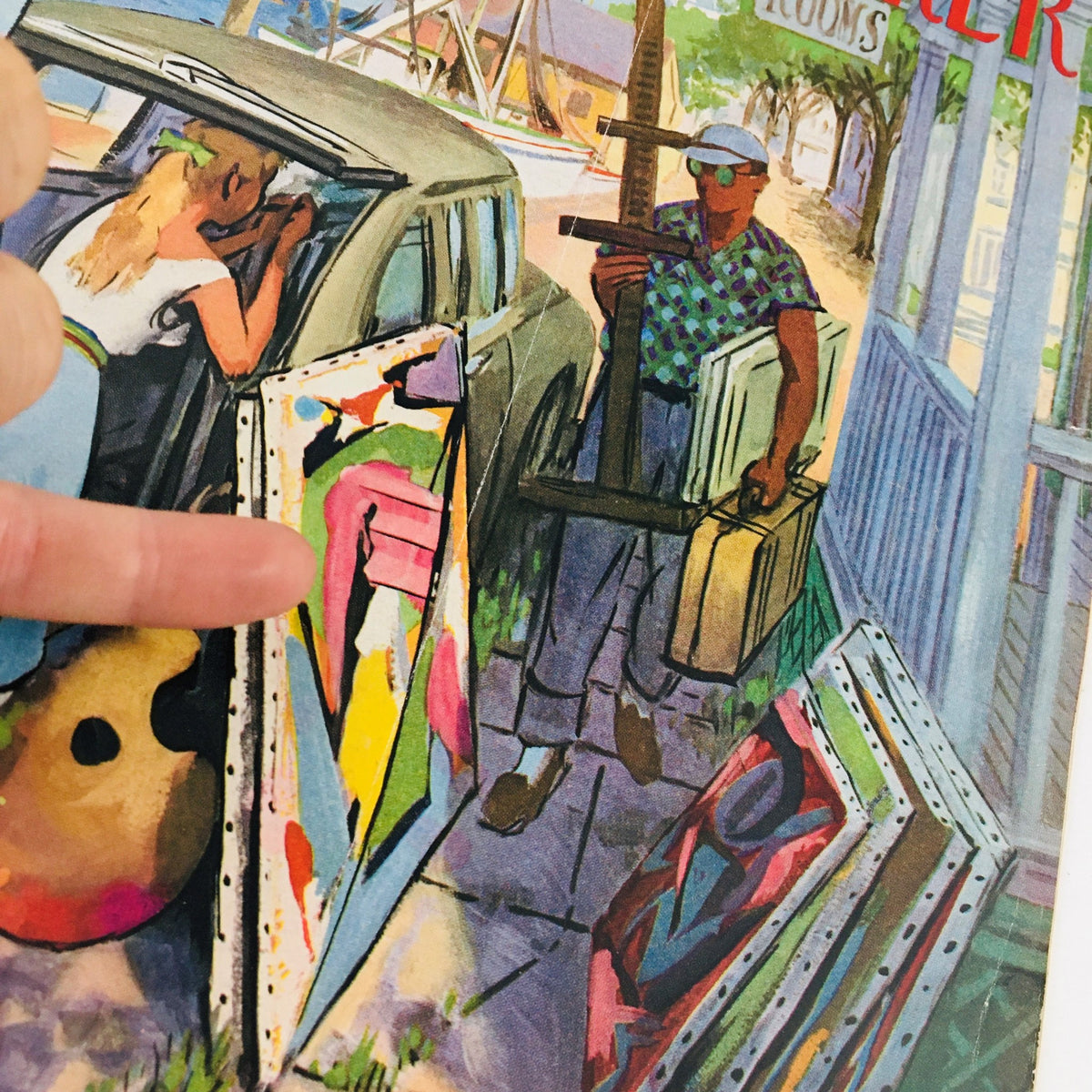 Detailed view of The New Yorker Magazine August 30 1958 Full Theme Cover by Arthur Getz. Depicts a woman unloading colorful paintings from a vintage car.