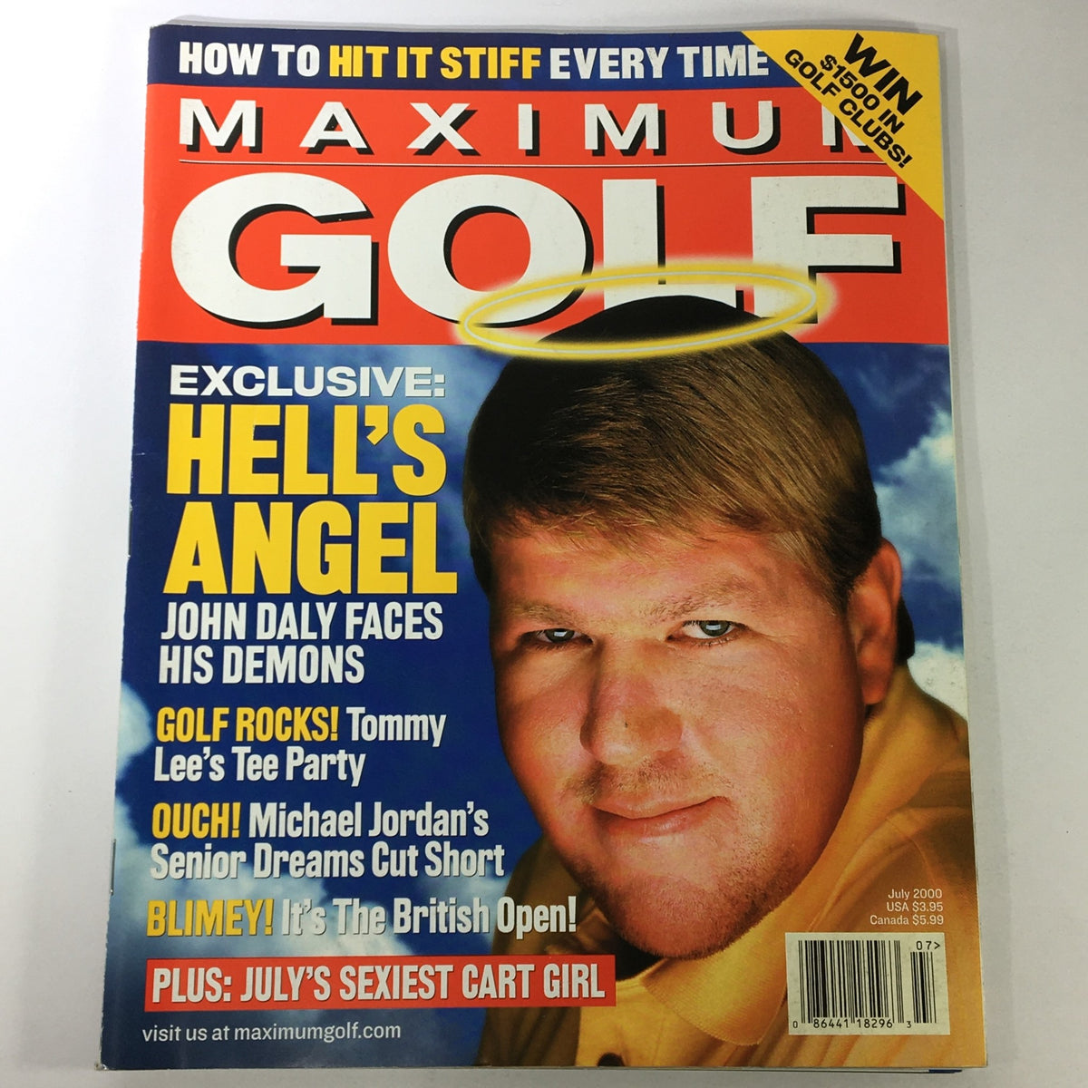 Cover of Maximum Golf Magazine July 2000 featuring John Daly, Tommy Lee, and Michael Jordan. The magazine highlights a feature titled 'Hell's Angel' and discusses John Daly's challenges, alongside topics like Tommy Lee's tee party and Michael Jordan's dreams, making it a collectible piece of sports and celebrity history.