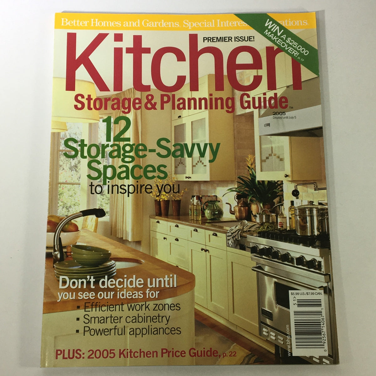 Cover of Better Homes and Gardens July 2005 issue featuring the title 'Kitchen Storage & Planning Guide' with a focus on '12 Storage-Savvy Spaces to inspire you'. The cover highlights tips for efficient work zones, smarter cabinetry, and powerful appliances.