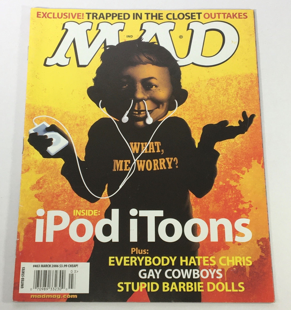 Cover of Mad Magazine #463, March 2006, featuring a satirical illustration related to iPod and iToons with a humorous character. The issue includes content like 'Trapped in the Closet' outtakes, highlighting pop culture and vintage humor.