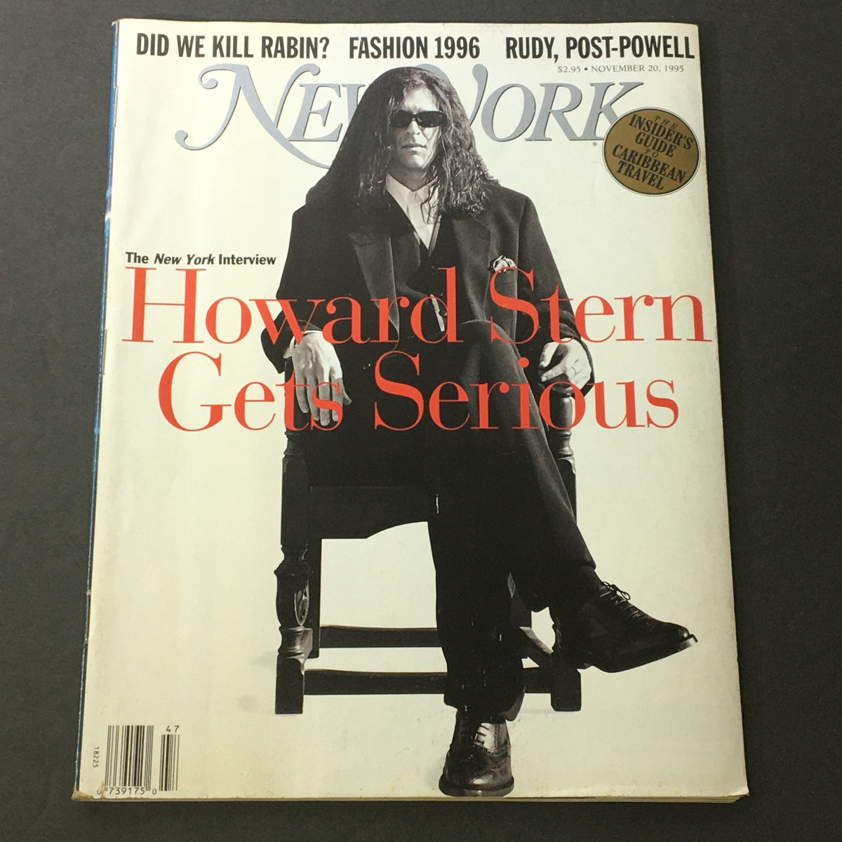 Cover of New York Magazine from November 20, 1995 featuring Howard Stern in a black suit and sunglasses, with the headline 'Howard Stern Gets Serious', reflecting on his evolution in media.