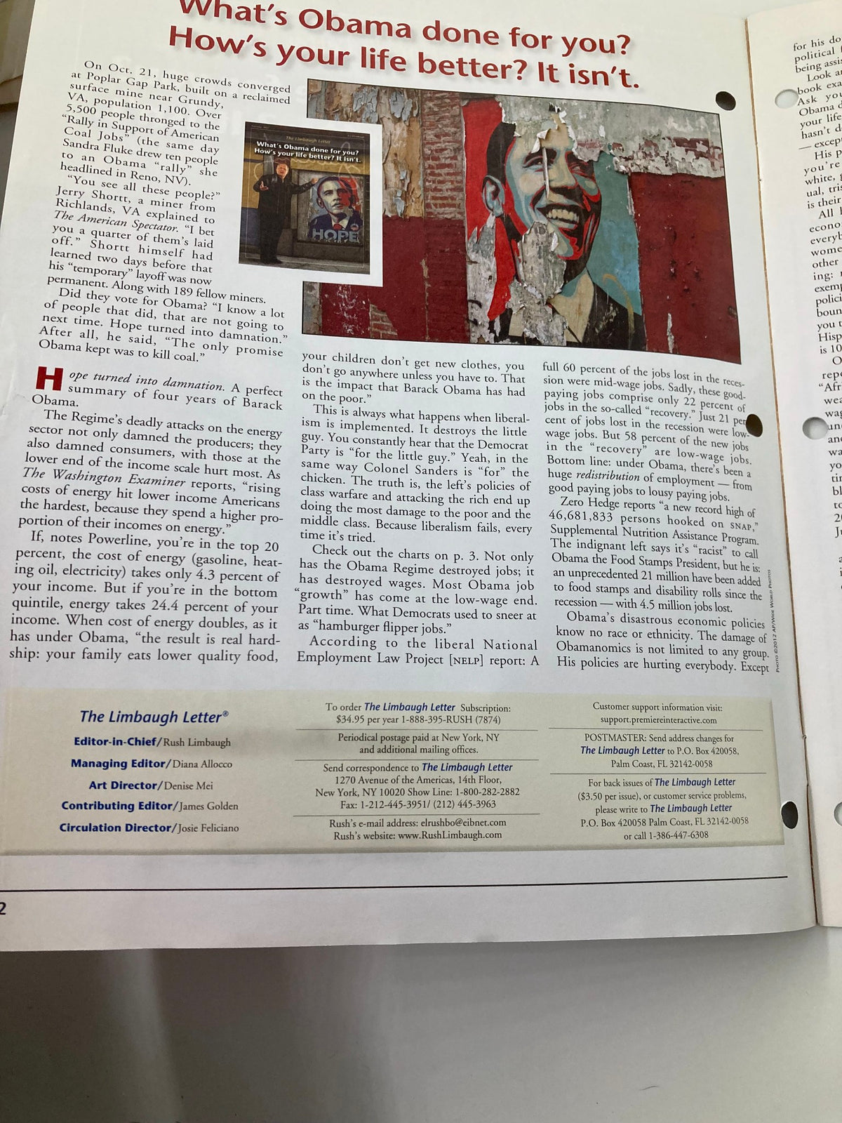 Interior page of the Rush Limbaugh Letter Newsletter Magazine November 2012, containing text and images addressing political issues during the Obama administration.