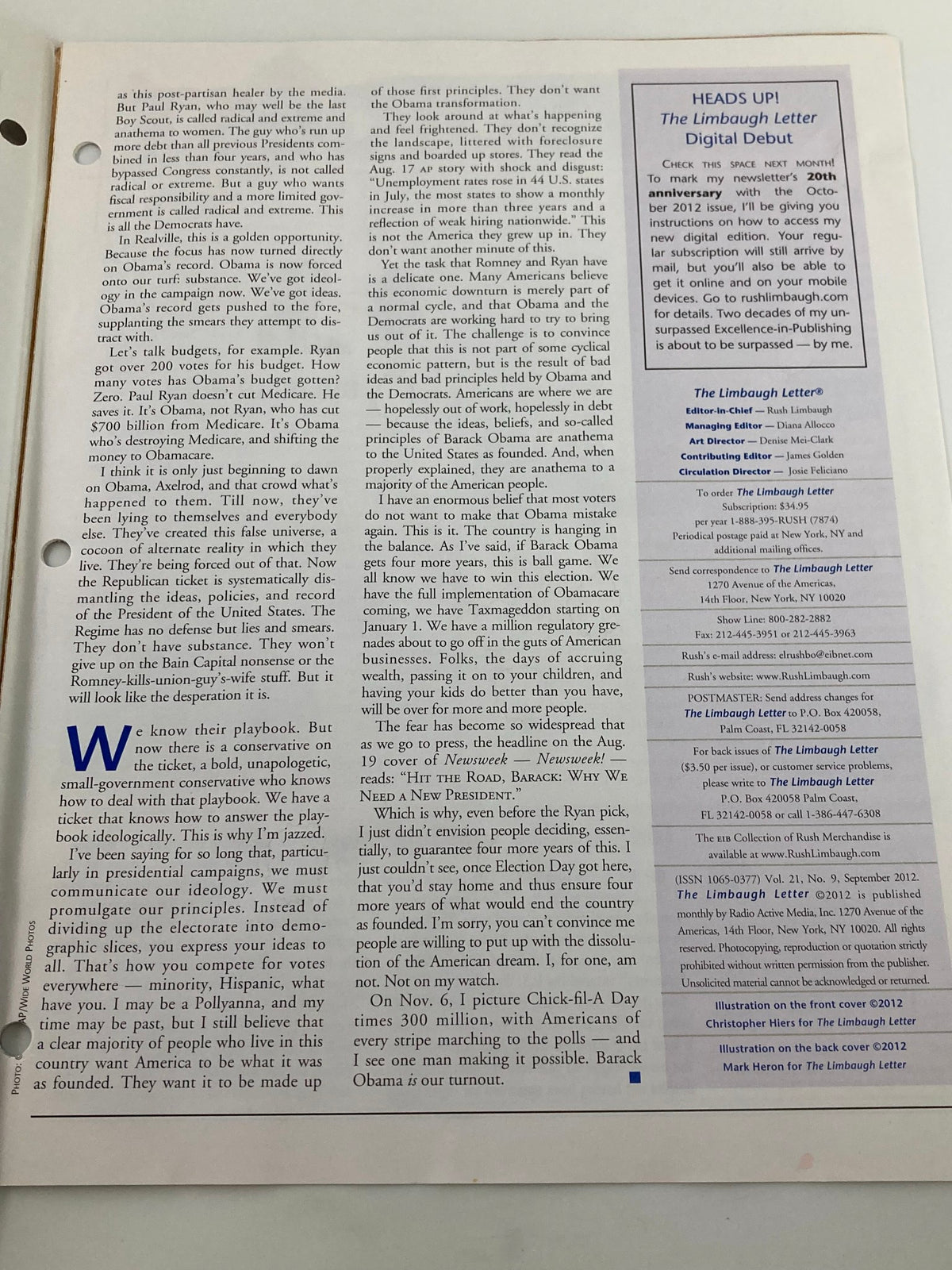 Interior page of Rush Limbaugh Letter Newsletter Magazine September 2012 displaying text on political commentary and views, highlighting key messages and principles.