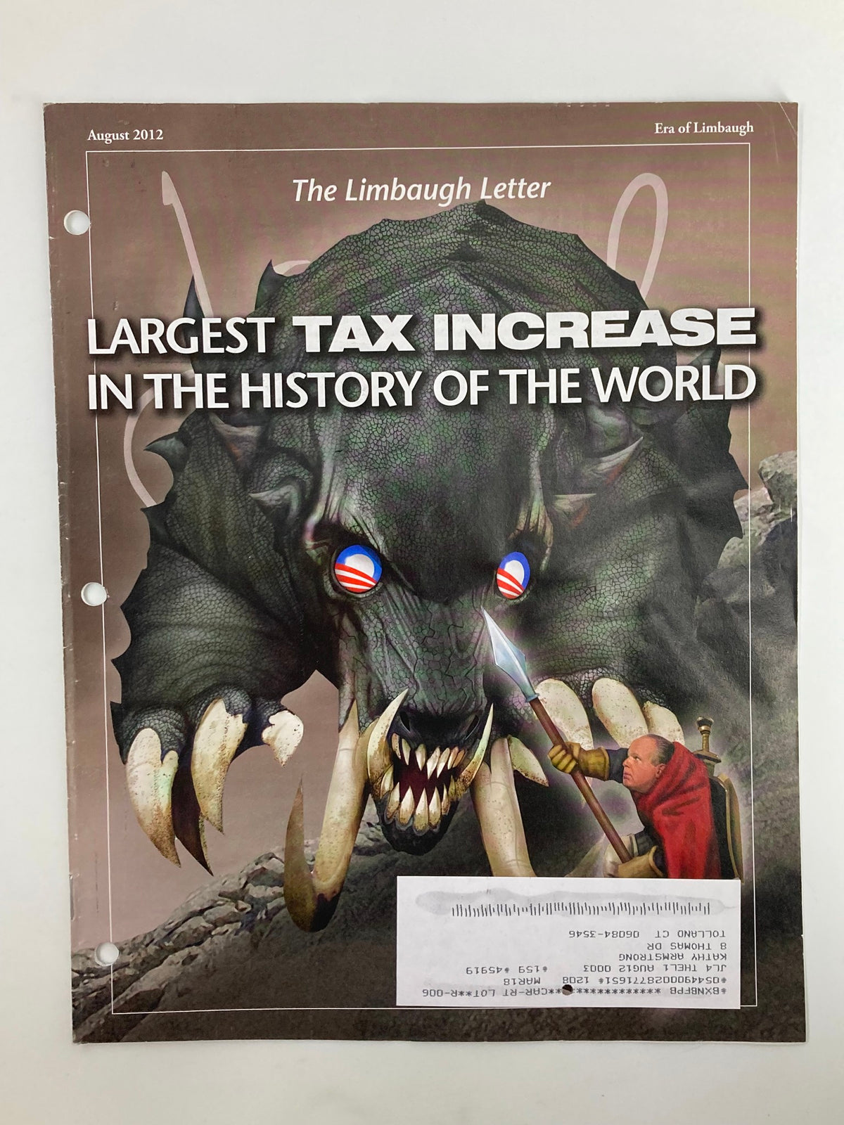 Rush Limbaugh Letter Newsletter Magazine August 2012 featuring cover artwork depicting a large creature symbolizing tax increase with a character holding a sword and American flags in the eyes.