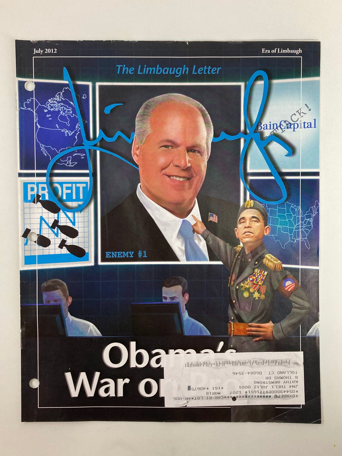 Rush Limbaugh Letter Newsletter Magazine July 2012 featuring the cover titled 'War on Profit', showcasing Rush Limbaugh's portrait along with a soldier and scenes of economic debate.