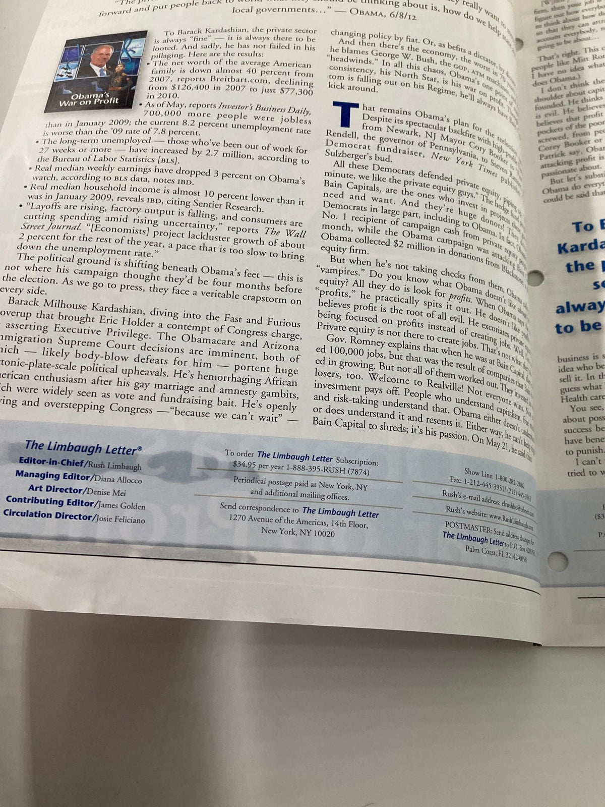 Page from the Rush Limbaugh Letter Newsletter Magazine July 2012 featuring commentary on politics and economics, highlighting the War on Profit.