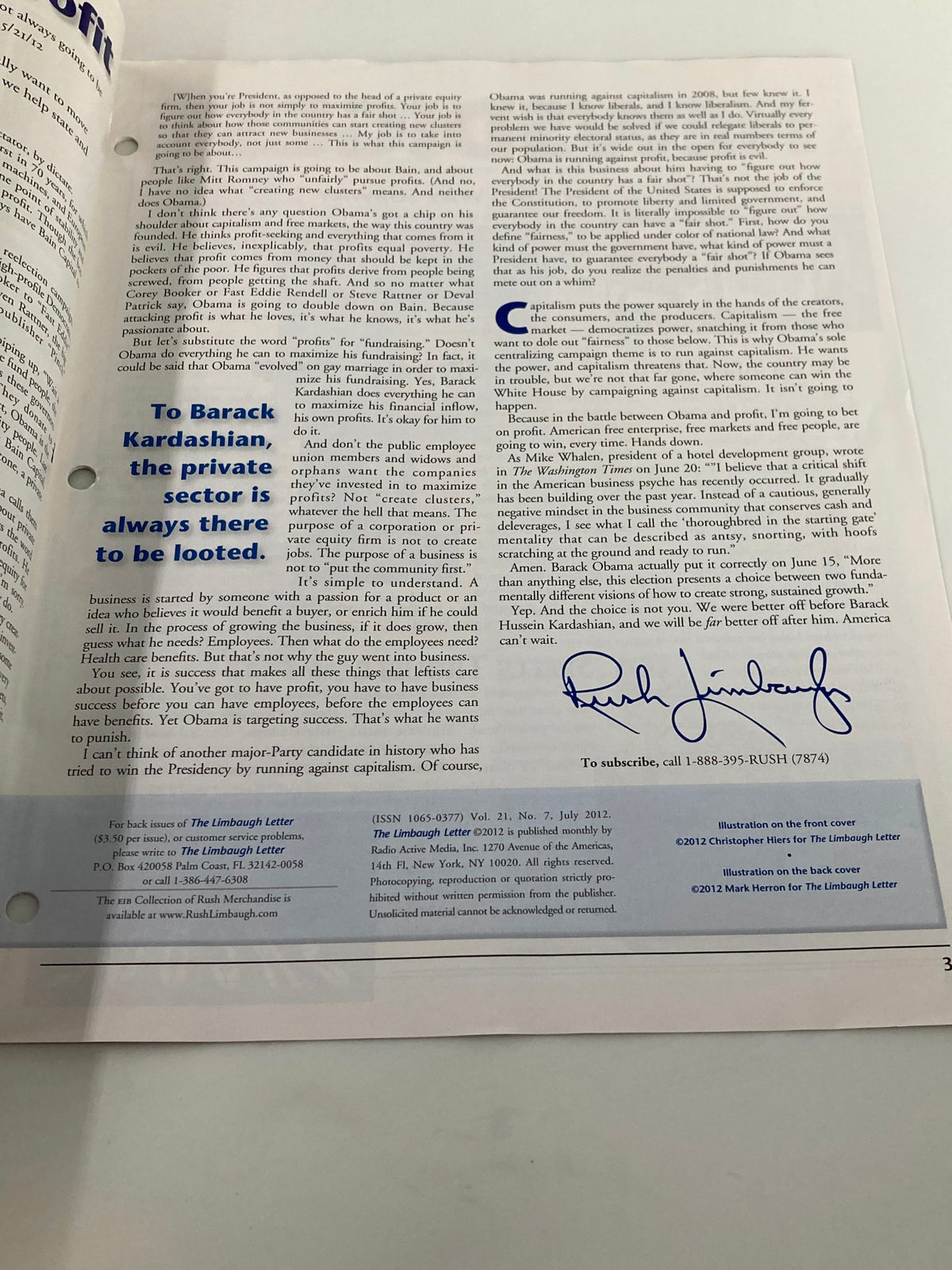 Second page of the Rush Limbaugh Letter Newsletter Magazine July 2012, showcasing insights on the private sector and featuring a signature from Rush Limbaugh.