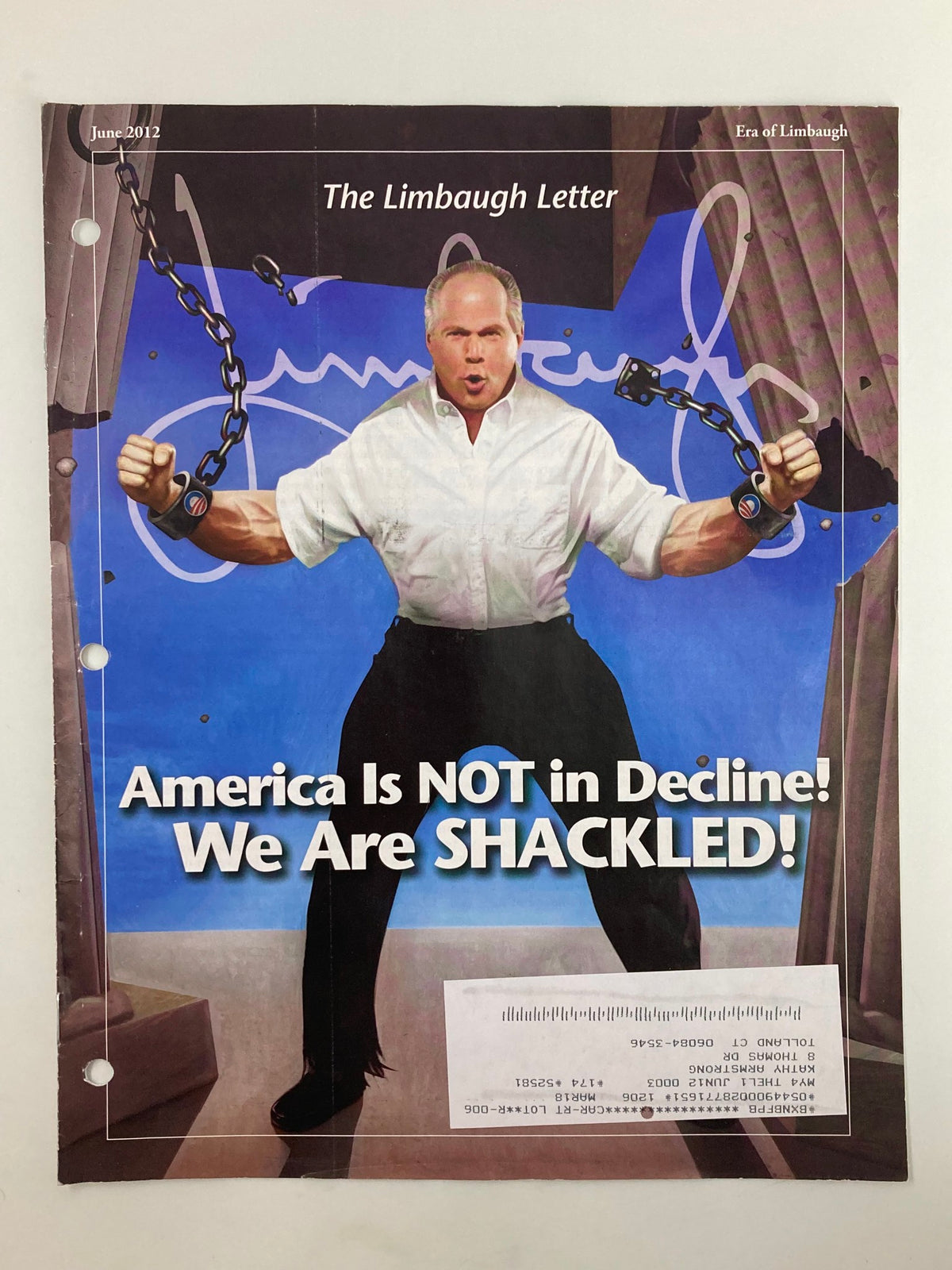 Rush Limbaugh Letter Newsletter Magazine June 2012 cover featuring the title 'America Is NOT in Decline! We Are SHACKLED!' with eye-catching artwork portraying Limbaugh.