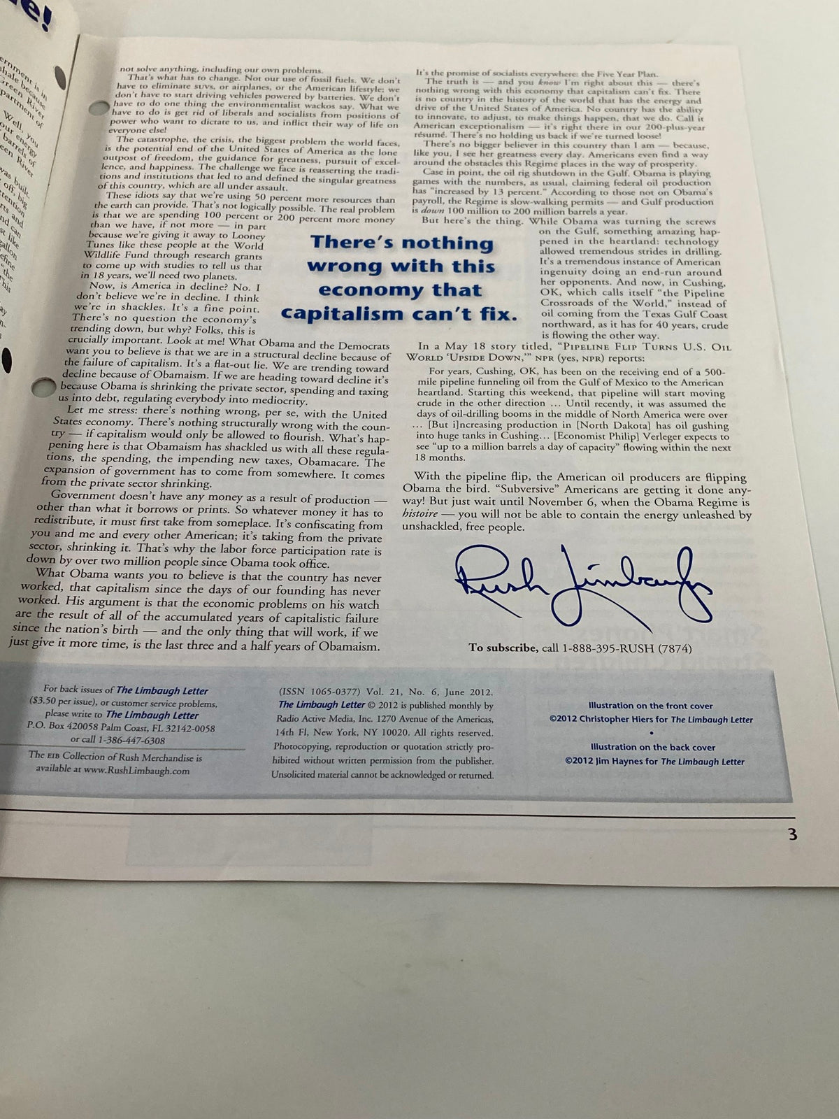 Inner page of Rush Limbaugh Letter Newsletter Magazine June 2012 featuring a notable quote about capitalism with Rush Limbaugh's signature.