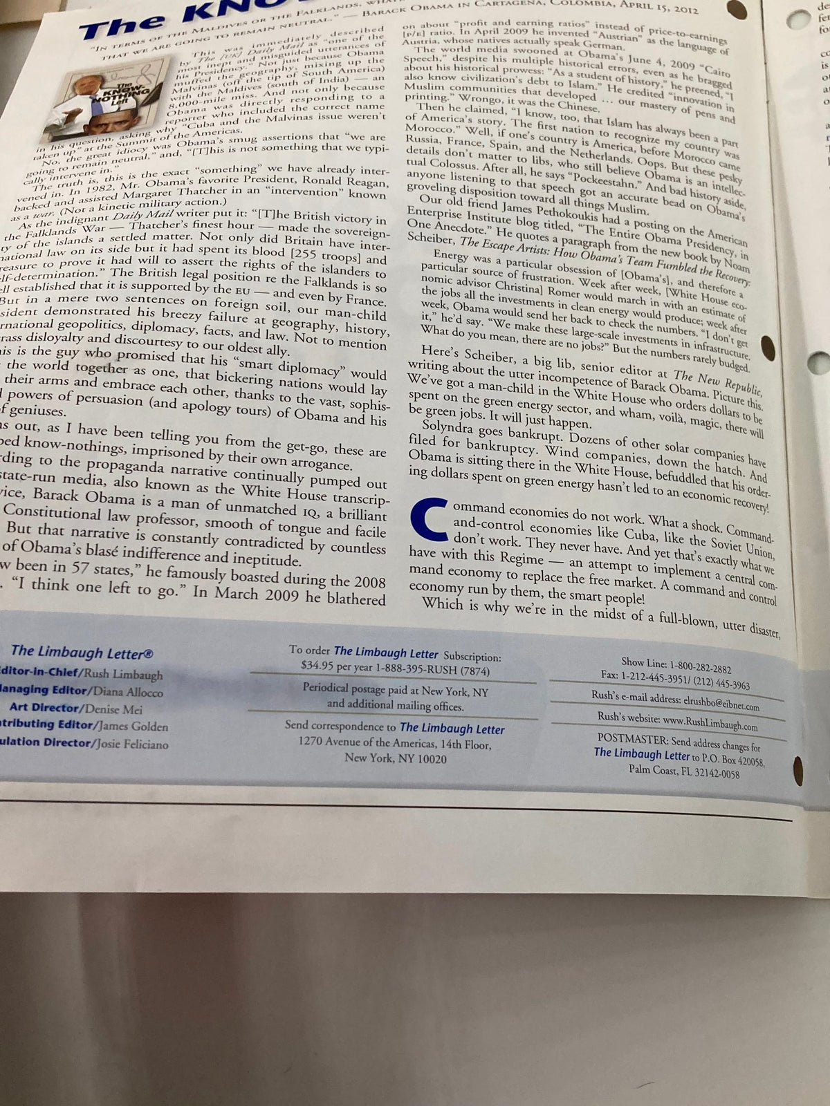 Inside page of the Rush Limbaugh Letter Newsletter Magazine May 2012, displaying text and commentary from Rush Limbaugh on the political landscape.