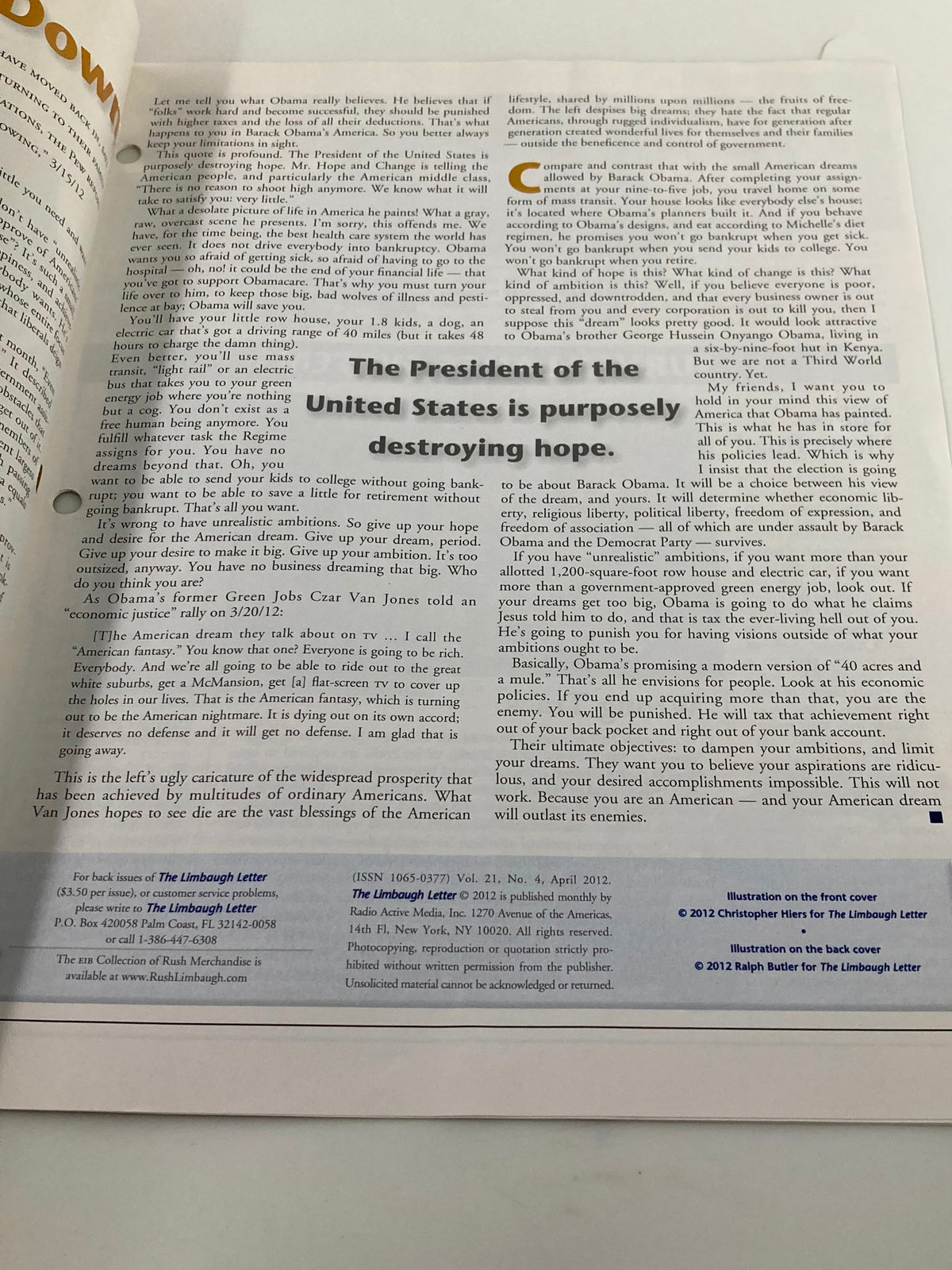 Another inside page of the Rush Limbaugh Letter Newsletter Magazine April 2012, discussing the impact of leadership on America.