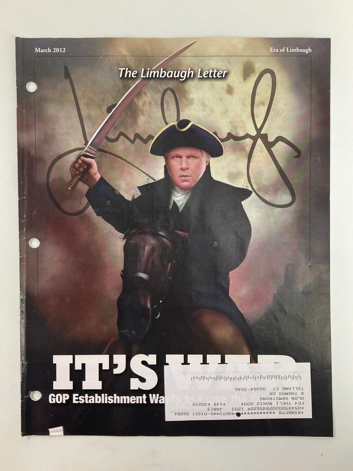 Rush Limbaugh Letter Newsletter Magazine March 2012 cover featuring artwork depicting a historical figure with a sword and the title 'It's War: GOP Establishment.' Signatures and branding from the Limbaugh Letter are visible.