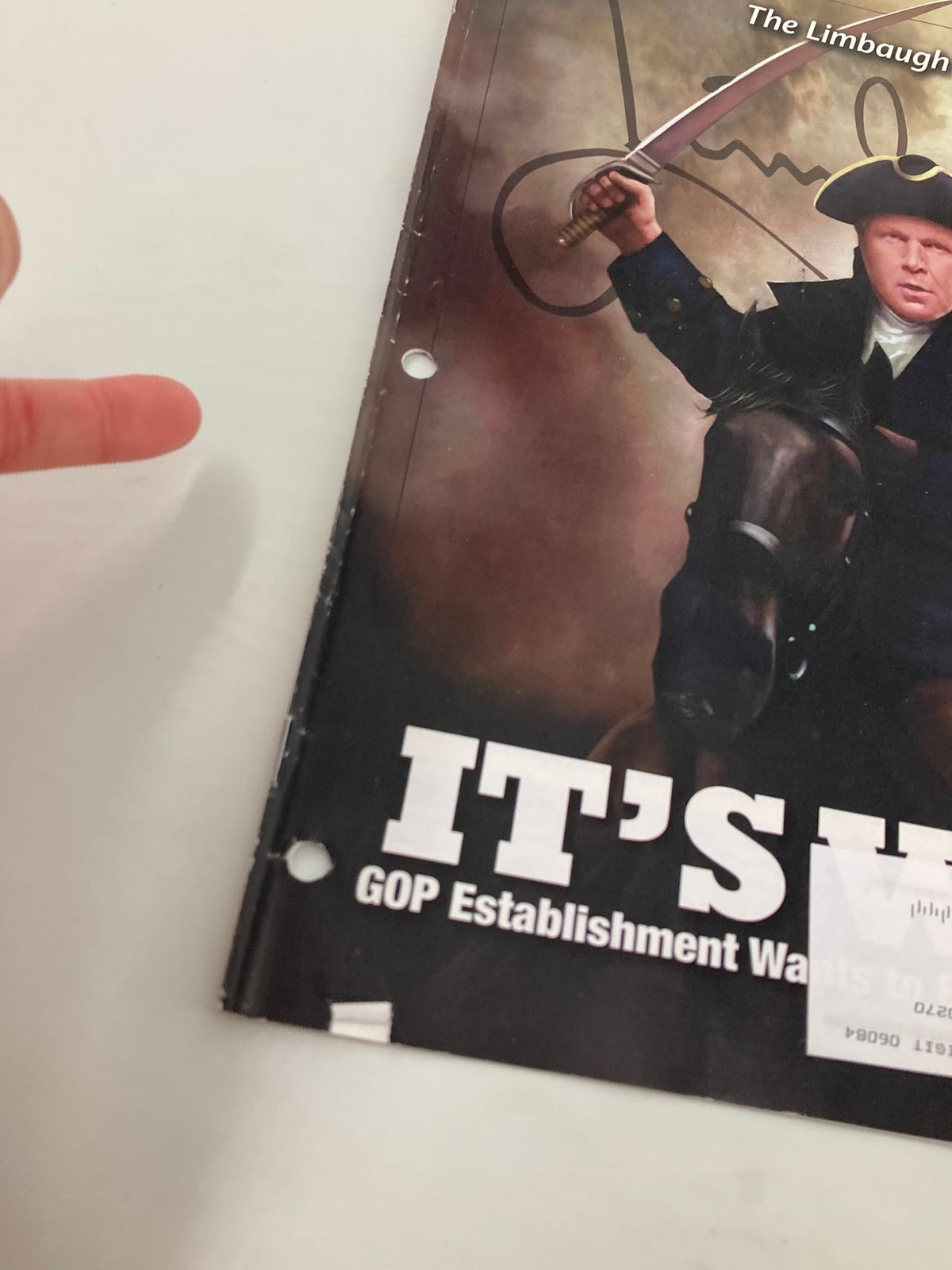 Close-up of the Rush Limbaugh Letter Newsletter Magazine March 2012 cover, highlighting the binding and a small portion of the artwork showing a historical character with a sword.