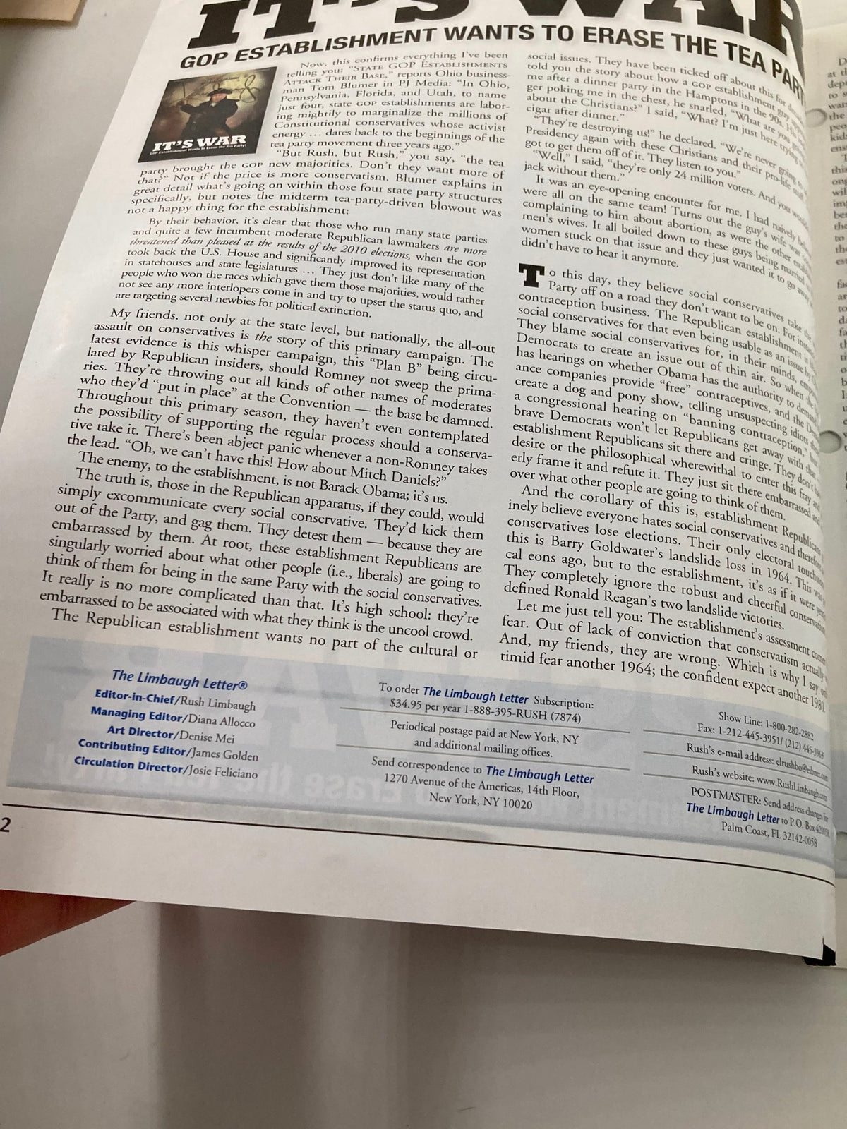 Interior page of the Rush Limbaugh Letter Newsletter Magazine March 2012 displaying an article titled 'GOP Establishment Wants to Erase the Tea Party' with accompanying text discussing political themes.