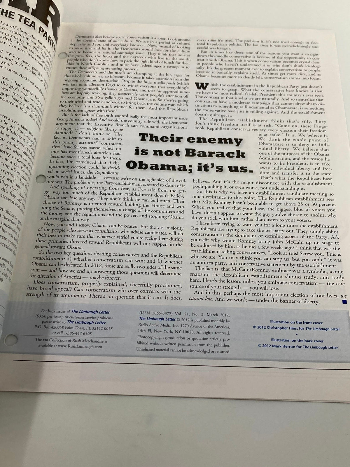 Another interior page of the Rush Limbaugh Letter Newsletter Magazine March 2012 containing a highlighted excerpt stating 'Their enemy is not Barack Obama; it's us,' illustrating key political commentary.
