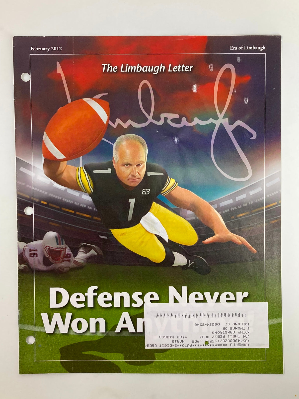 February 2012 Rush Limbaugh Letter Newsletter Magazine cover titled 'Defense Never Won Anything' featuring an illustration of a player in a football uniform, signed by Limbaugh.