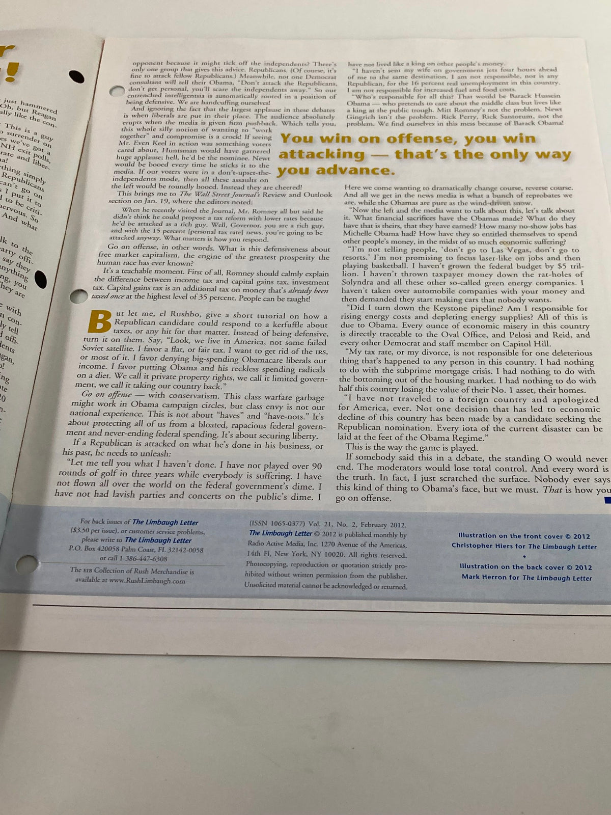 Inside page of February 2012 Rush Limbaugh Letter Newsletter Magazine with an article discussing strategies in political discourse, reinforcing the magazine's conservative viewpoints.