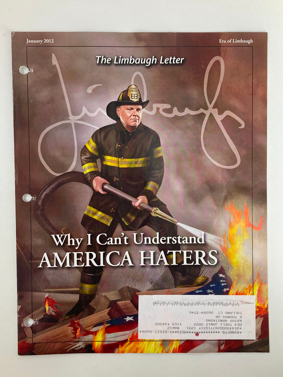 Rush Limbaugh Letter Newsletter Magazine January 2012 cover featuring an illustration of a firefighter holding a hose with flames below, titled 'Why I Can’t Understand AMERICA HATERS'.