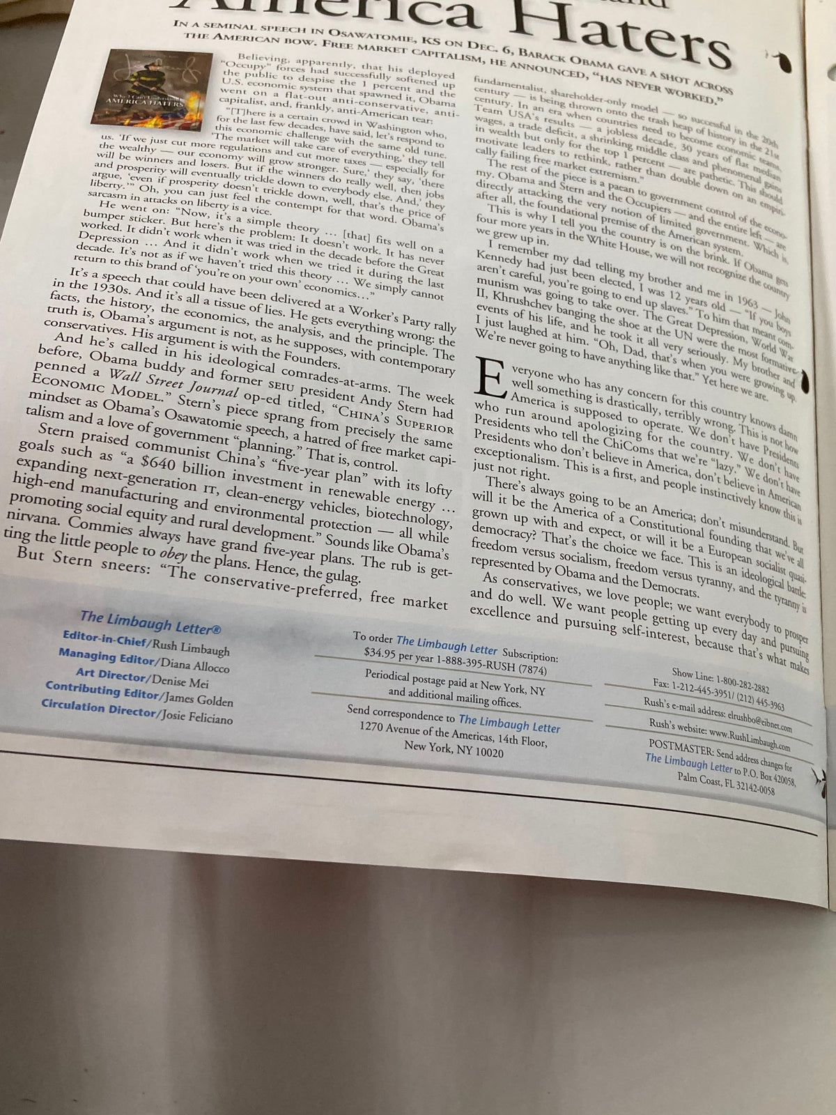 Inside page of the Rush Limbaugh Letter Newsletter Magazine January 2012 discussing political commentary and critiques of America Haters.