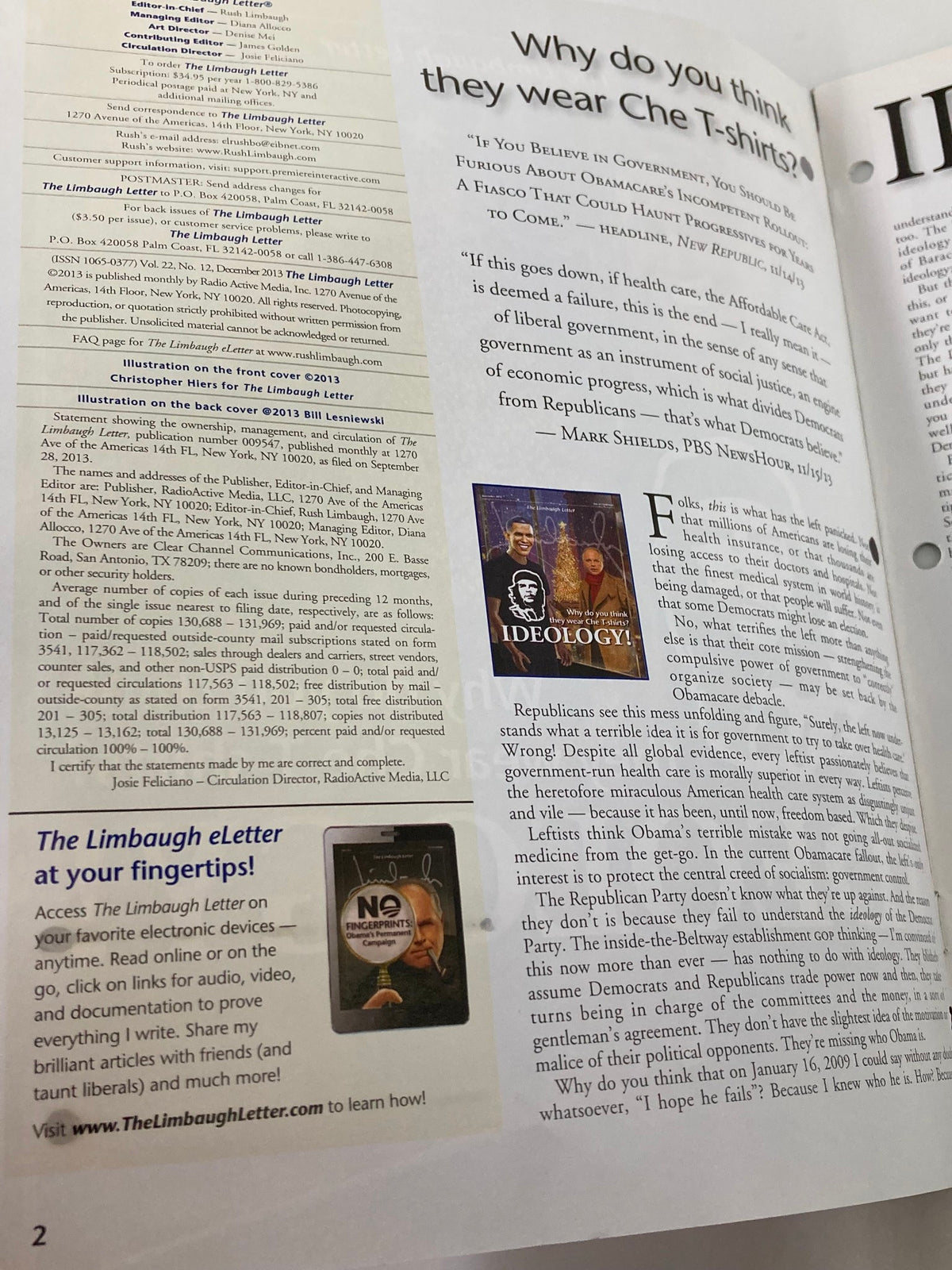 Inside page of the Rush Limbaugh Letter Newsletter Magazine December 2013 showcasing an article discussing ideologies in American politics, with text regarding beliefs about government and the Republican Party.