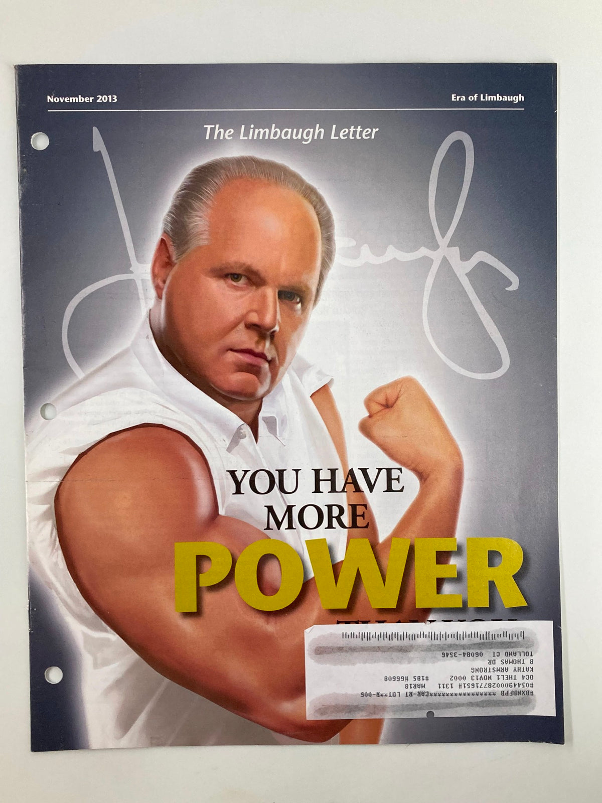 Rush Limbaugh Letter Newsletter Magazine November 2013 cover featuring Rush Limbaugh flexing with the headline 'YOU HAVE MORE POWER'.