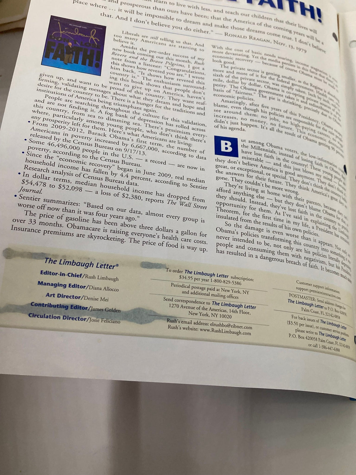Rush Limbaugh Letter Newsletter Magazine October 2013 showcasing the article titled 'Don't Lose Faith' with political insights and commentary.