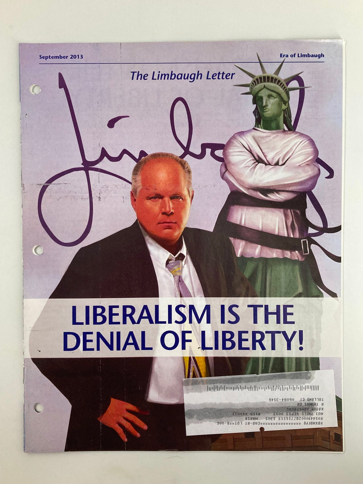 Cover of Rush Limbaugh Letter Newsletter Magazine, September 2013 featuring Rush Limbaugh and the Statue of Liberty, with the title 'Liberalism Is the Denial of Liberty' prominently displayed.