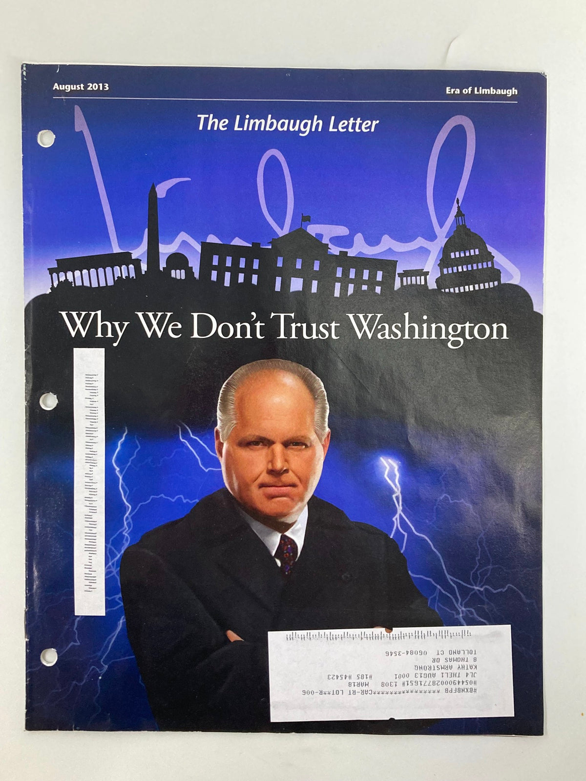 Rush Limbaugh Letter Newsletter Magazine, August 2013 edition, titled 'Why We Don't Trust Washington', featuring a prominent image of Rush Limbaugh with a dramatic background, reflecting conservative viewpoints.